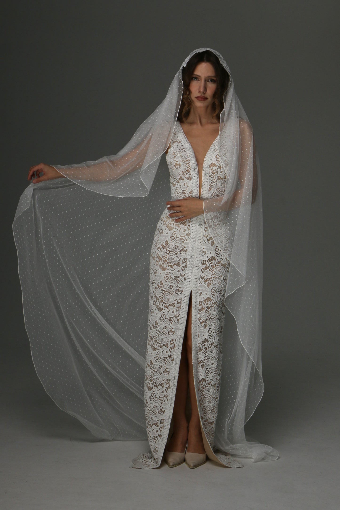 Juliet Cap Wedding Veil with Dotted Tulle and Lace Details – Boho One Tier Veil - M1070