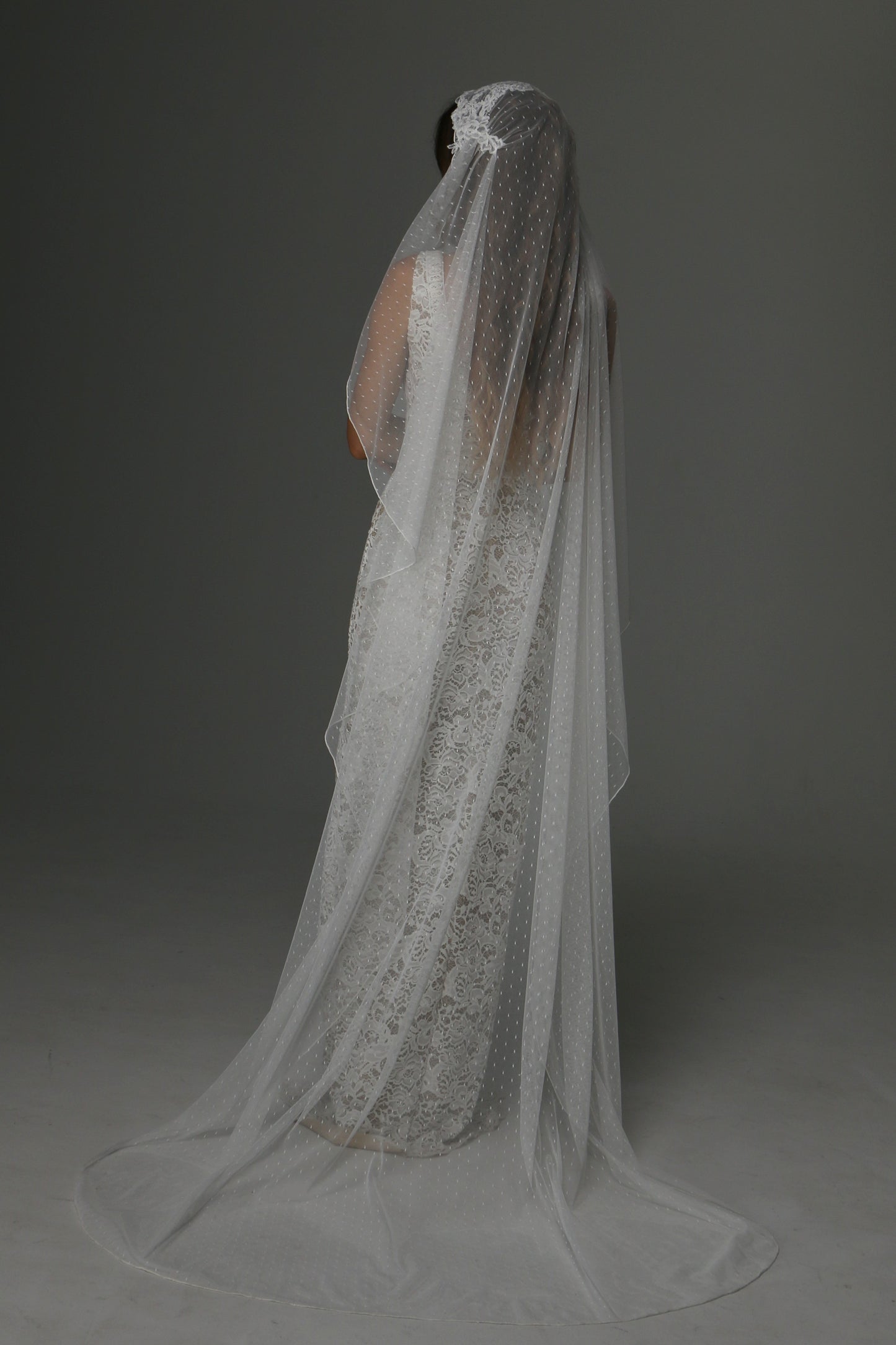 Juliet Cap Wedding Veil with Dotted Tulle and Lace Details – Boho One Tier Veil - M1070
