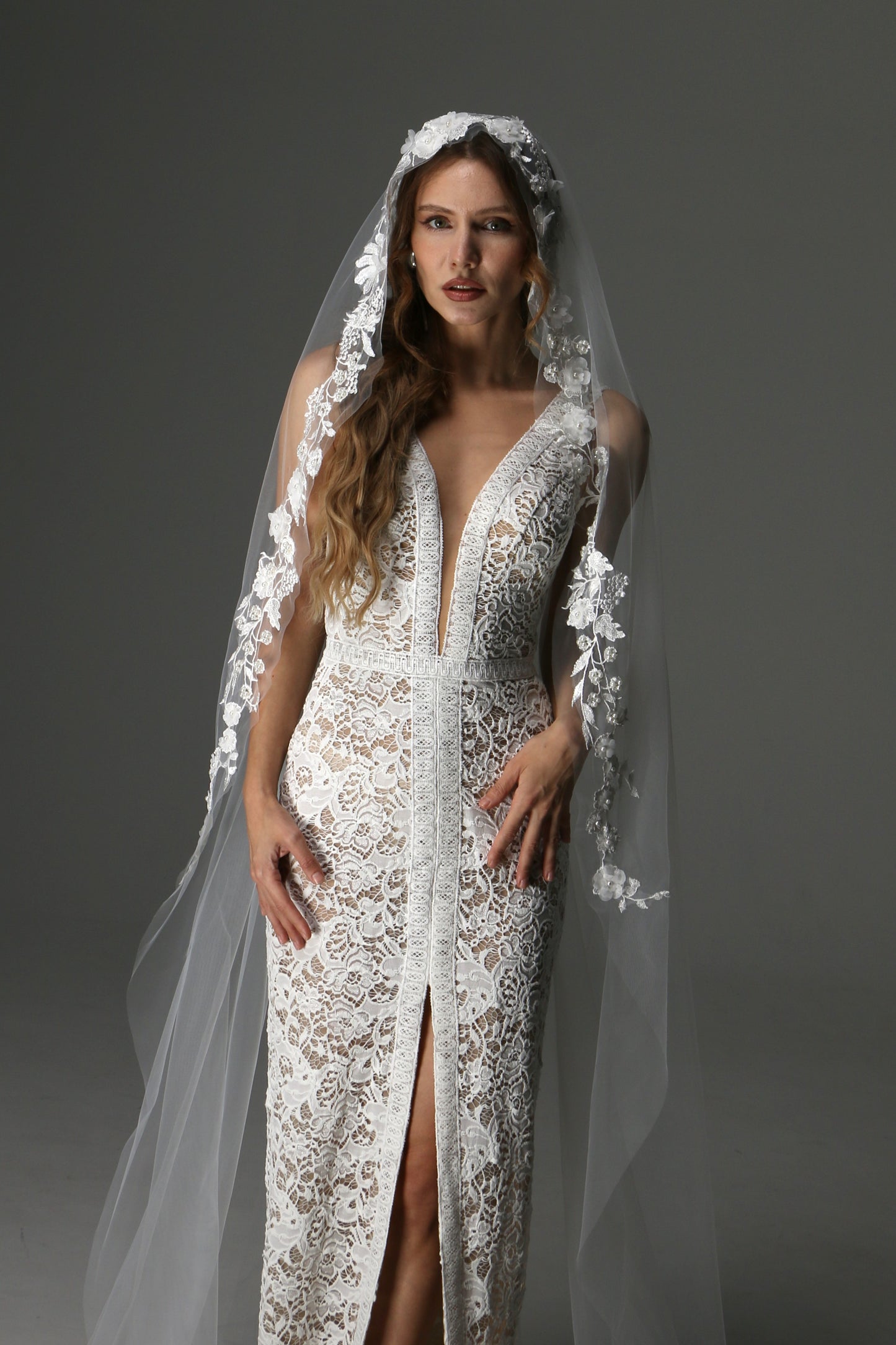 Modern Lace Appliqué Mantilla Veil – One Layer Boho Bridal Veil - M1073