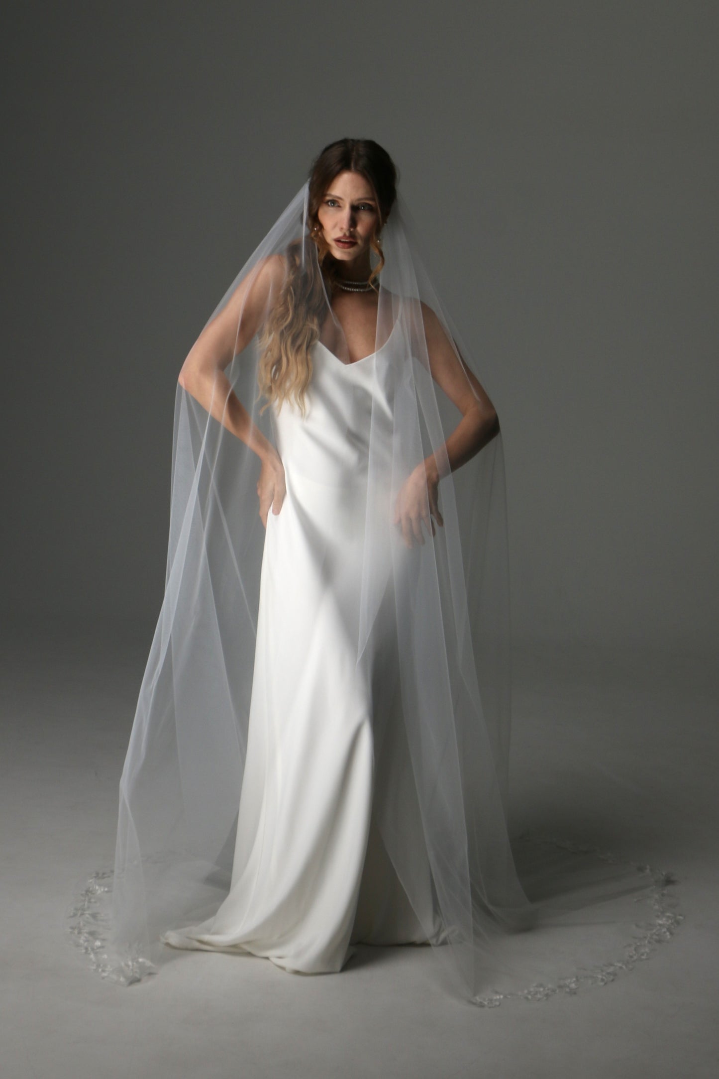 Single Tier Bridal Veil with Lace Appliqués | Romantic Wedding Veil - M1079