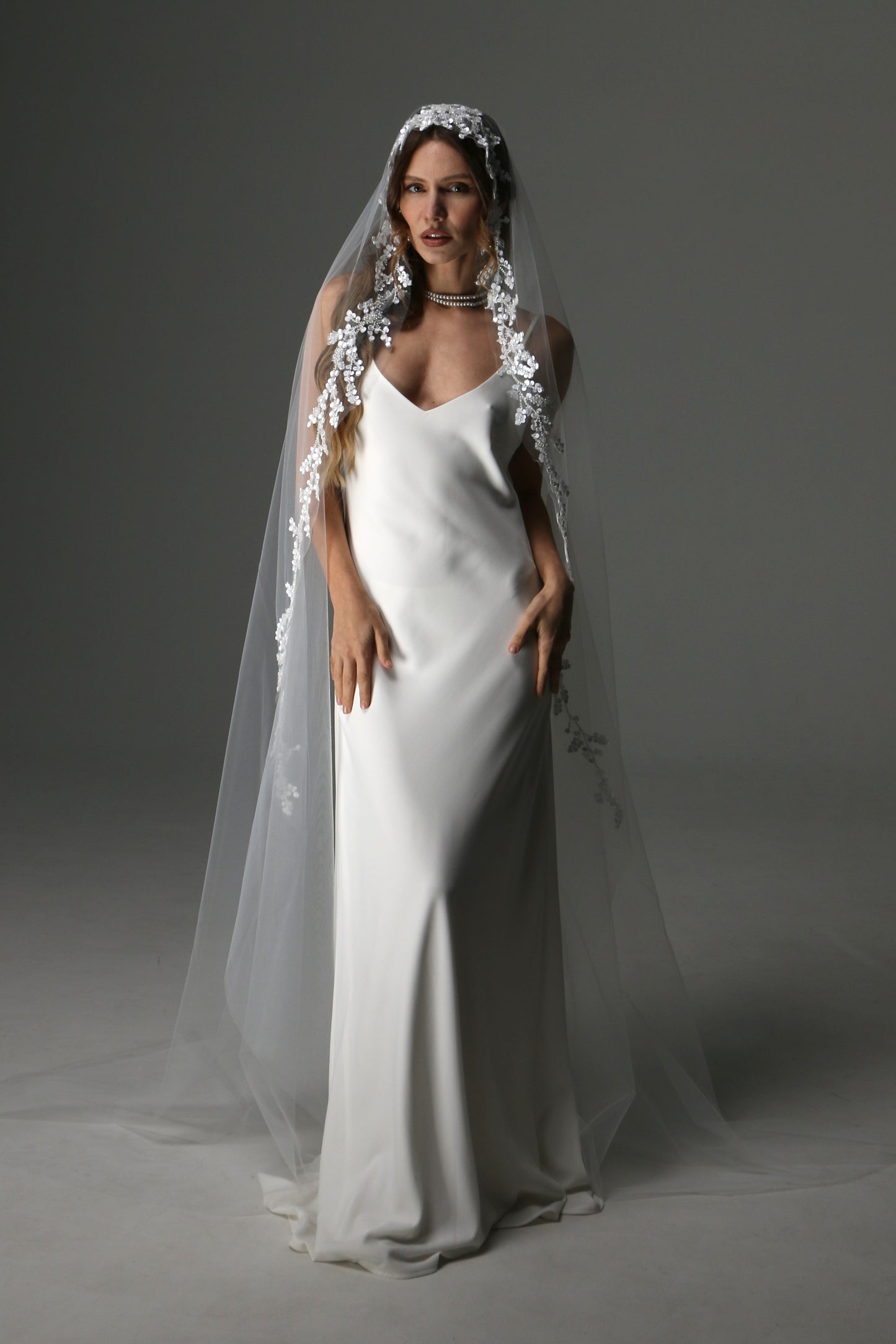 Lace Appliqué Cathedral Veil: One Tier Mantilla, Ivory Tulle - M1080