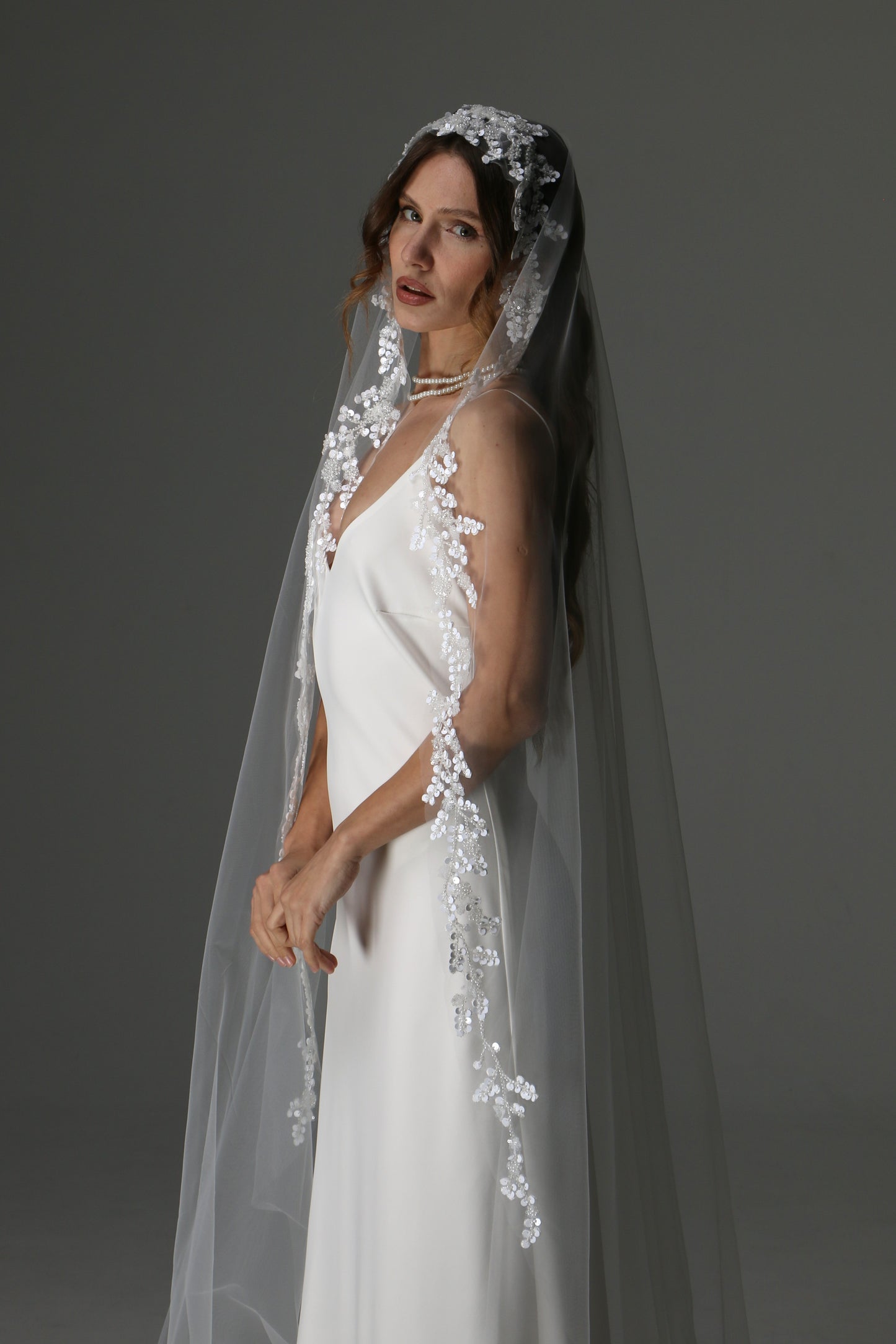 Lace Appliqué Cathedral Veil: One Tier Mantilla, Ivory Tulle - M1080