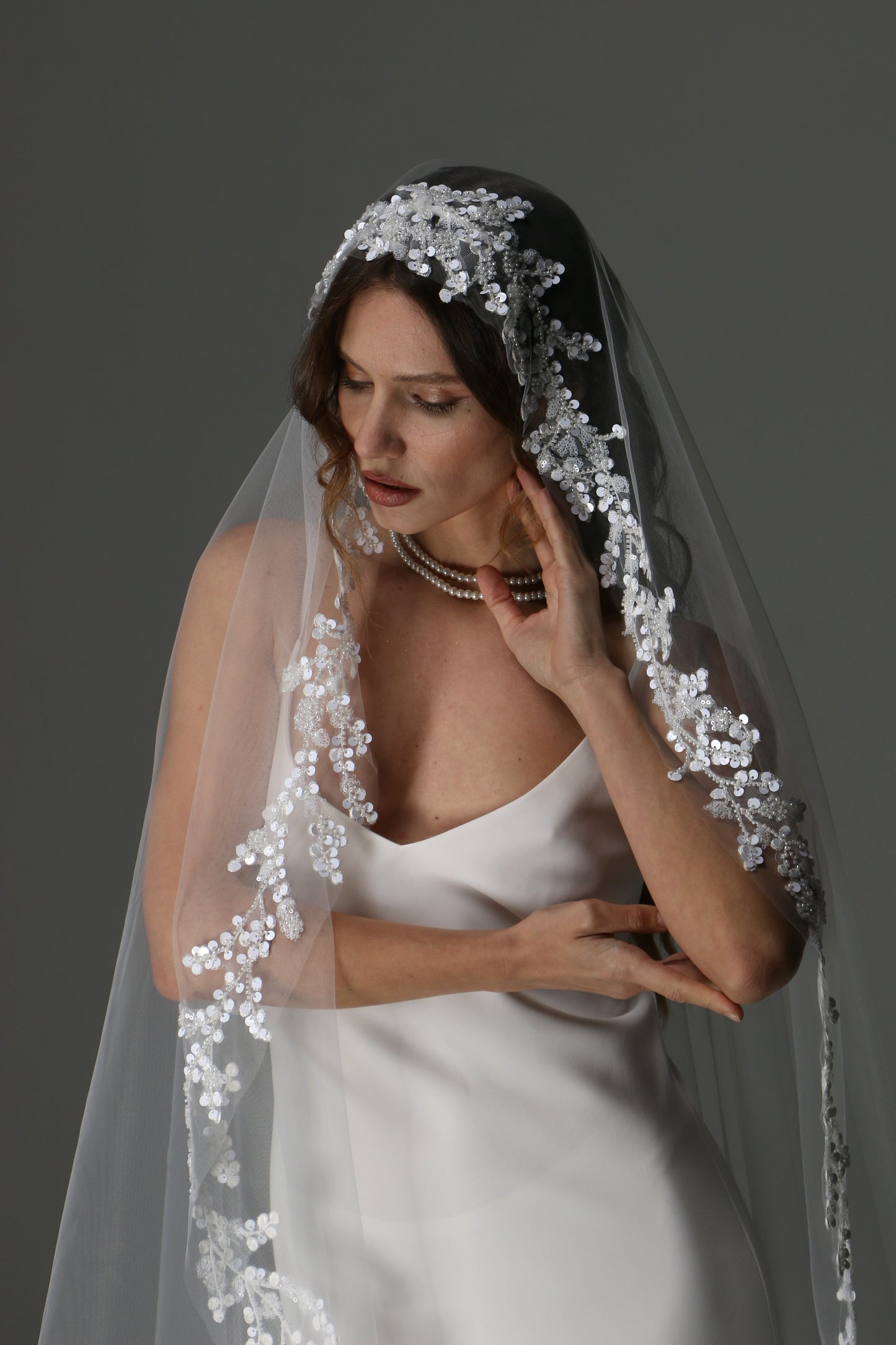 Lace Appliqué Cathedral Veil: One Tier Mantilla, Ivory Tulle - M1080