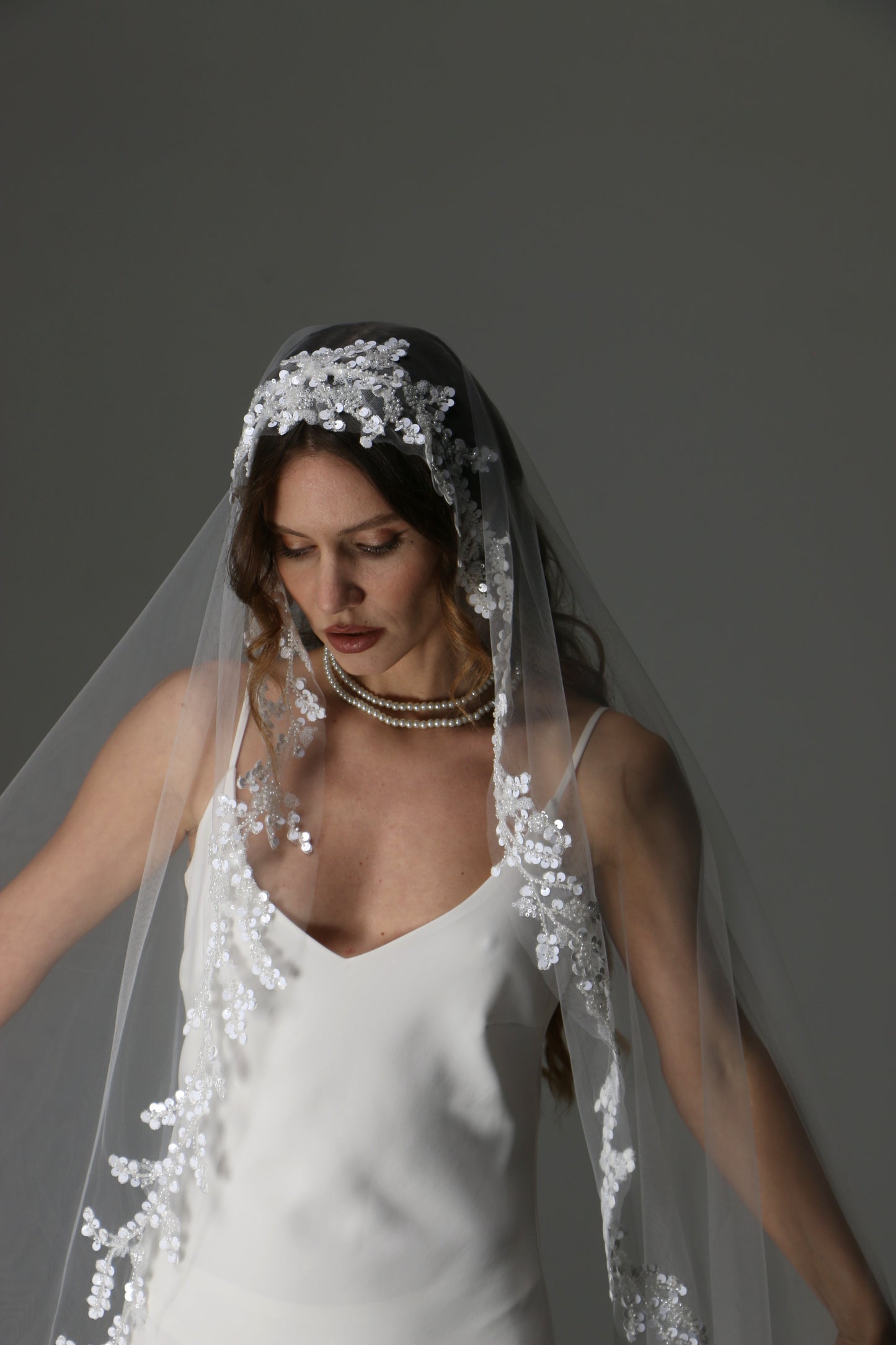Lace Appliqué Cathedral Veil: One Tier Mantilla, Ivory Tulle - M1080
