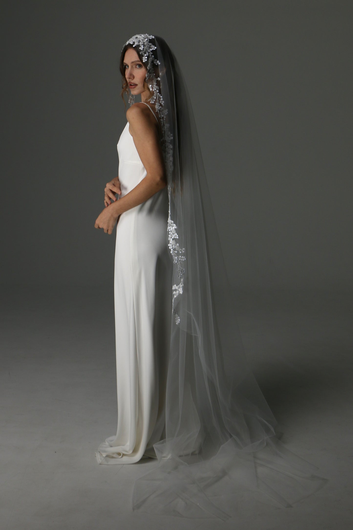 Lace Appliqué Cathedral Veil: One Tier Mantilla, Ivory Tulle - M1080