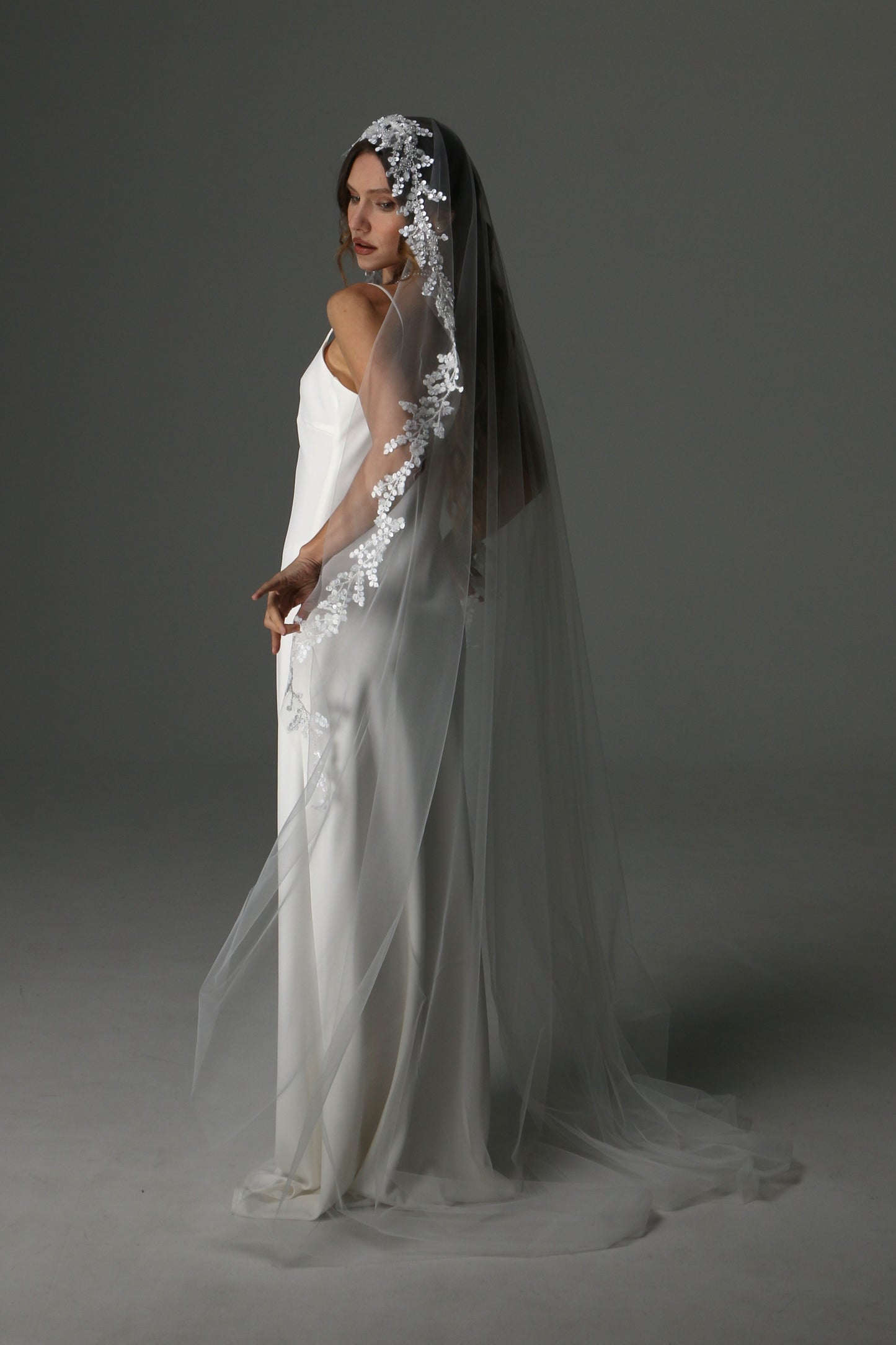 Lace Appliqué Cathedral Veil: One Tier Mantilla, Ivory Tulle - M1080
