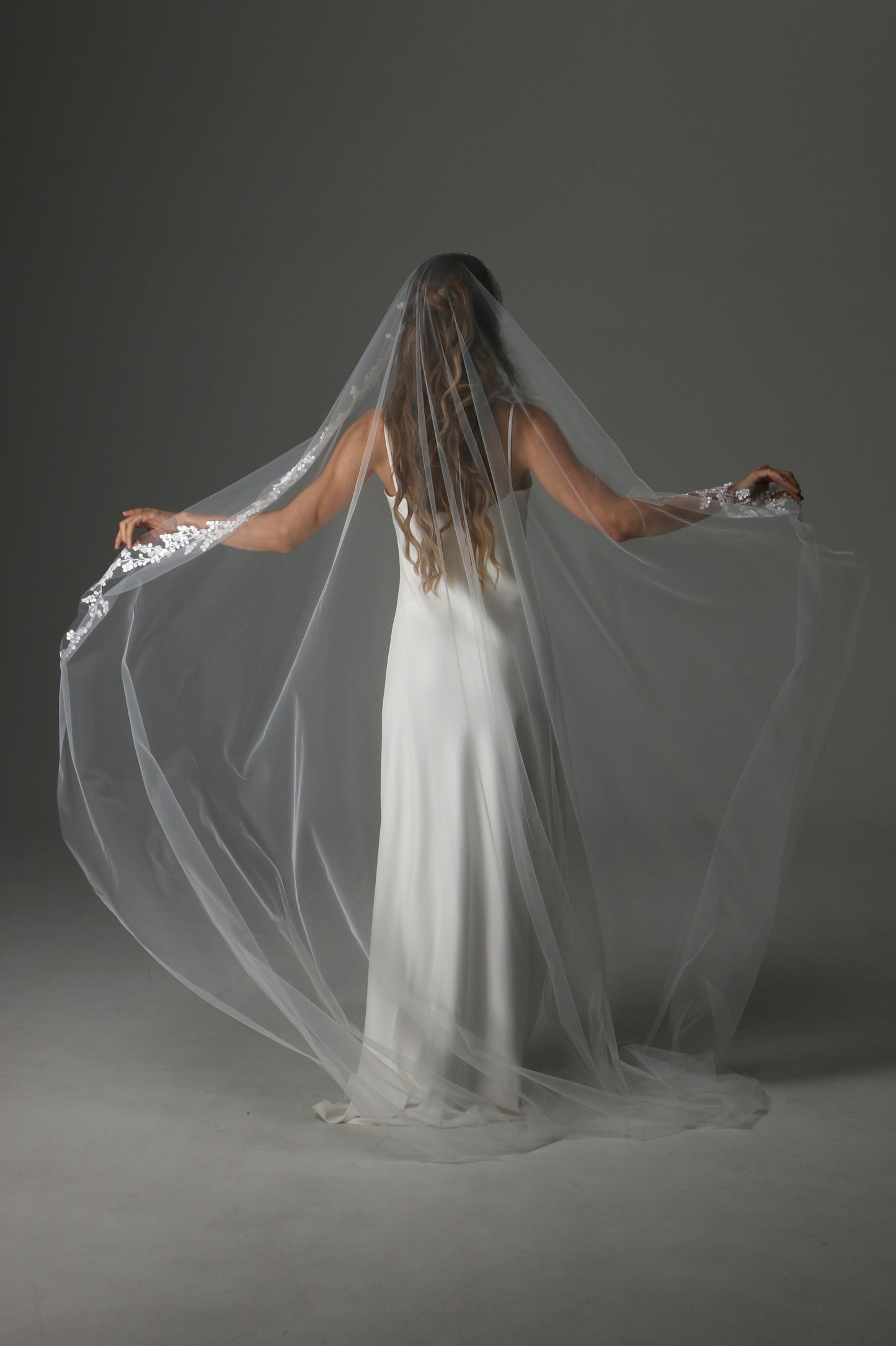 Lace Appliqué Cathedral Veil: One Tier Mantilla, Ivory Tulle - M1080