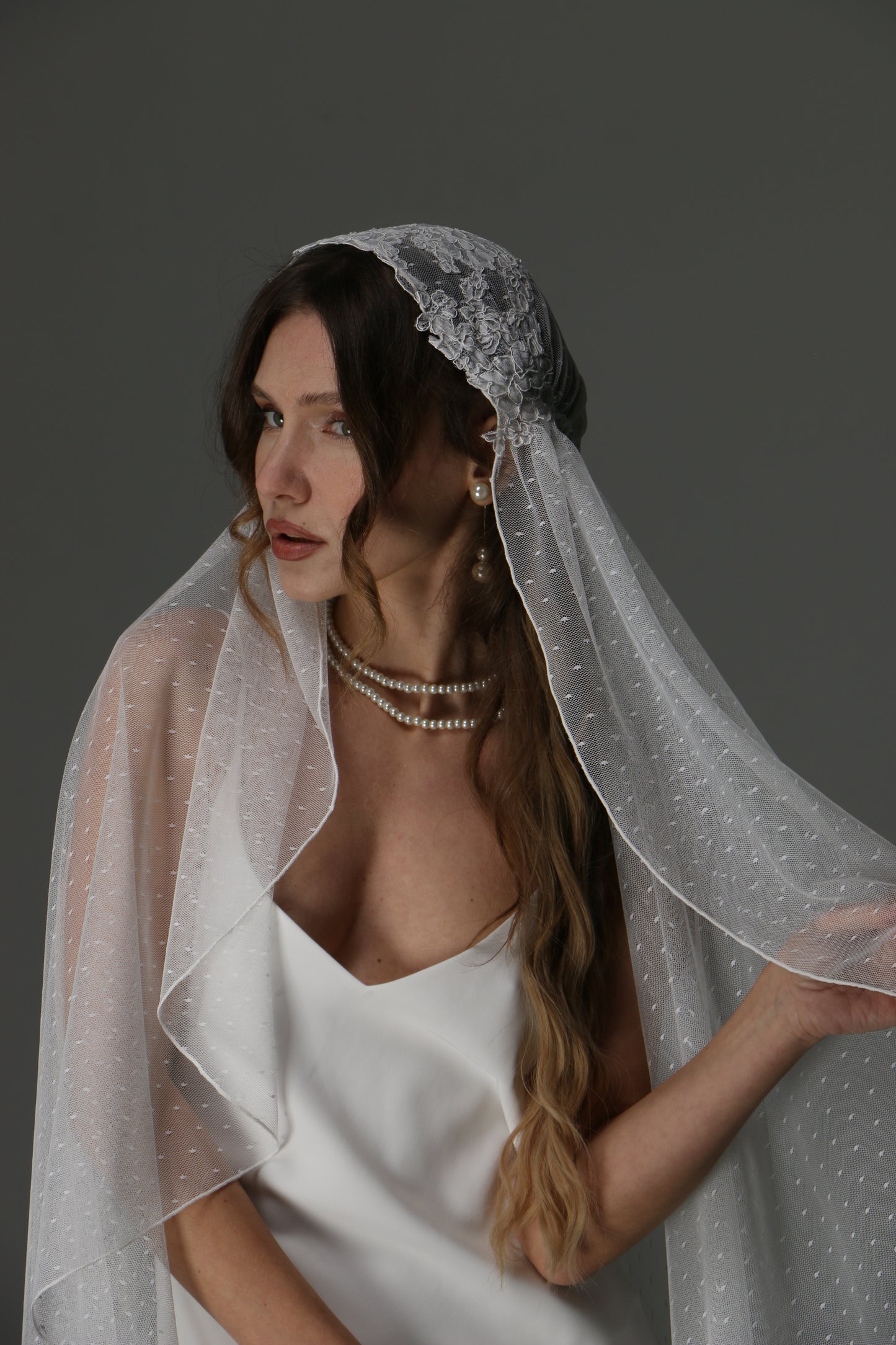 Romantic Juliet Cap Wedding Veil with Lace Appliqués – Single Tier Bridal Veil - M1081