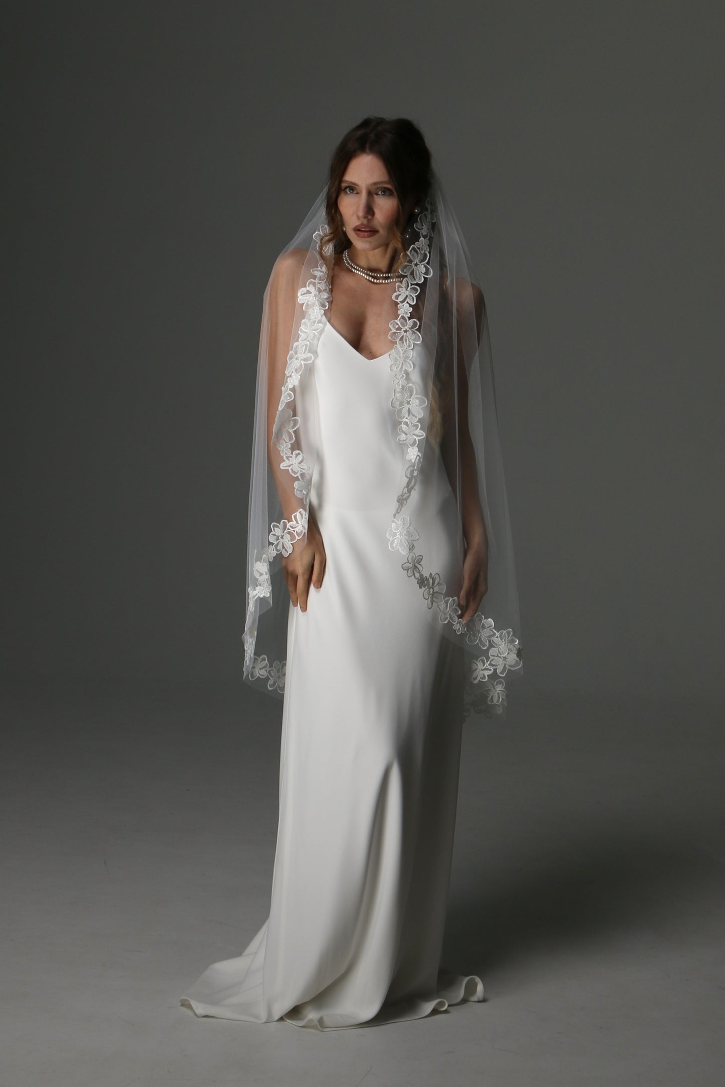 One Tier Cascade Bridal Veil with Lace Floral Appliqués | Romantic Wedding Veil - M1082