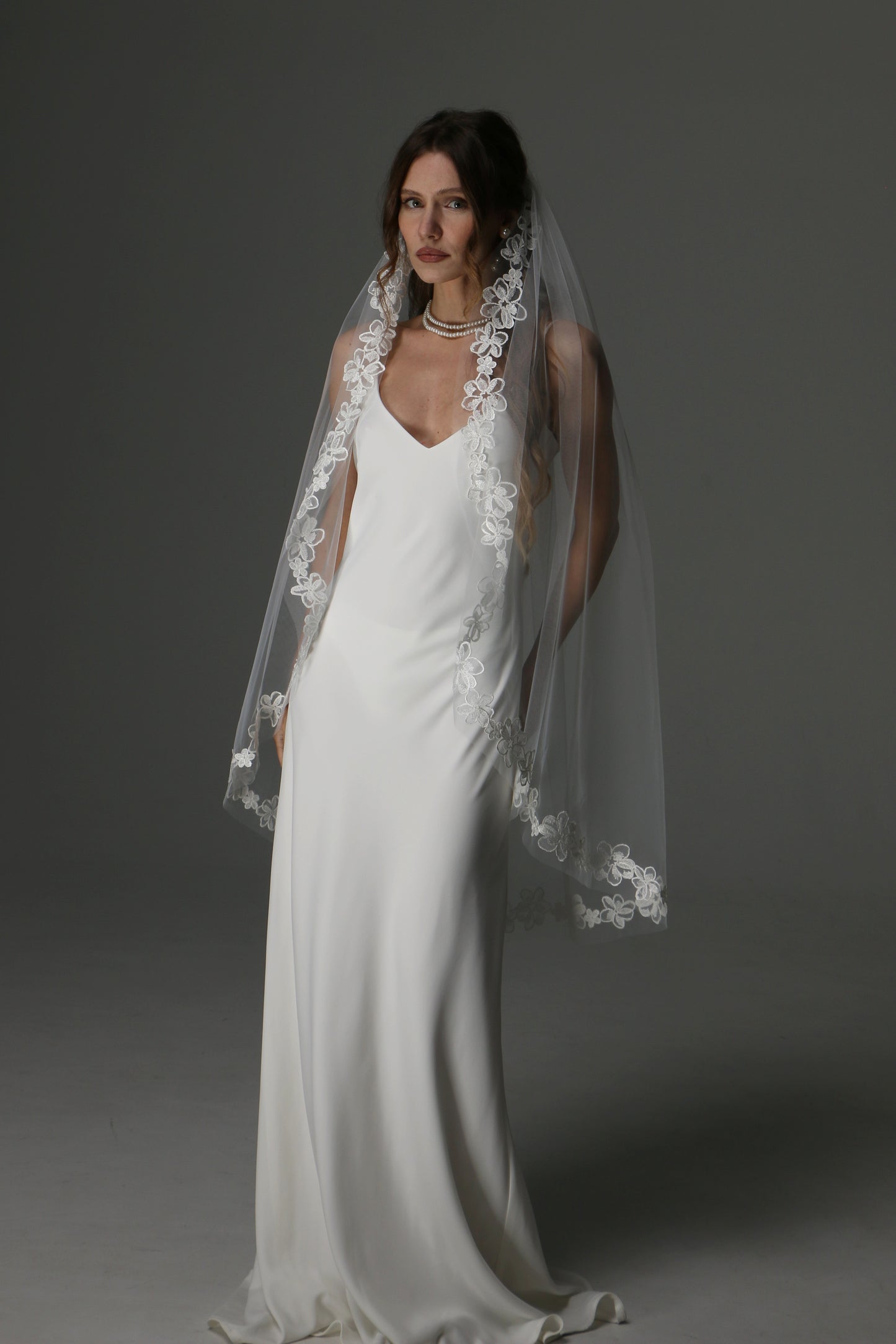 One Tier Cascade Bridal Veil with Lace Floral Appliqués | Romantic Wedding Veil - M1082