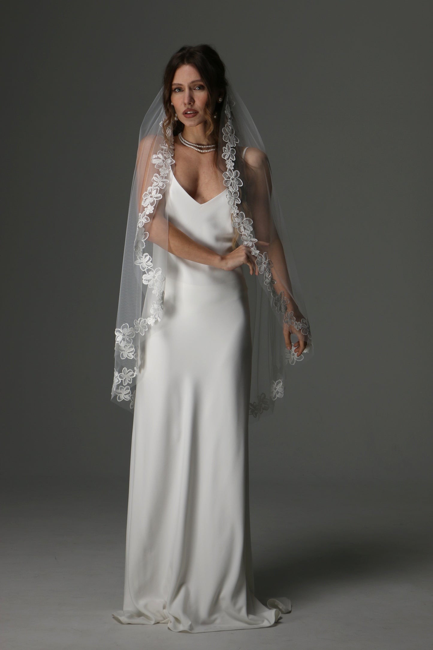 One Tier Cascade Bridal Veil with Lace Floral Appliqués | Romantic Wedding Veil - M1082