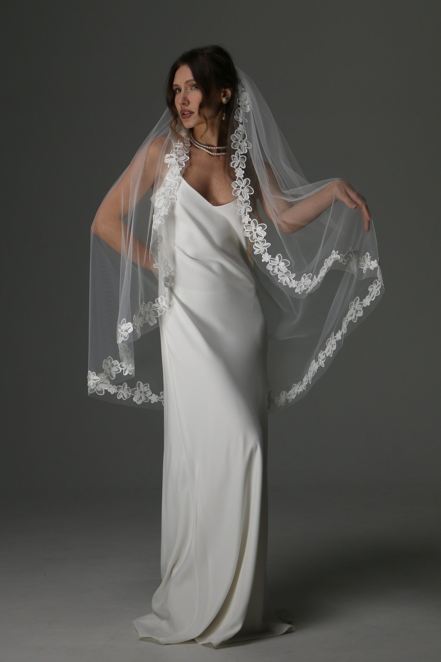 One Tier Cascade Bridal Veil with Lace Floral Appliqués | Romantic Wedding Veil - M1082