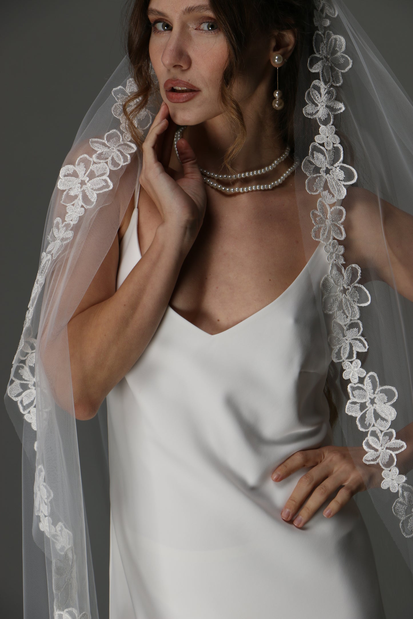 One Tier Cascade Bridal Veil with Lace Floral Appliqués | Romantic Wedding Veil - M1082