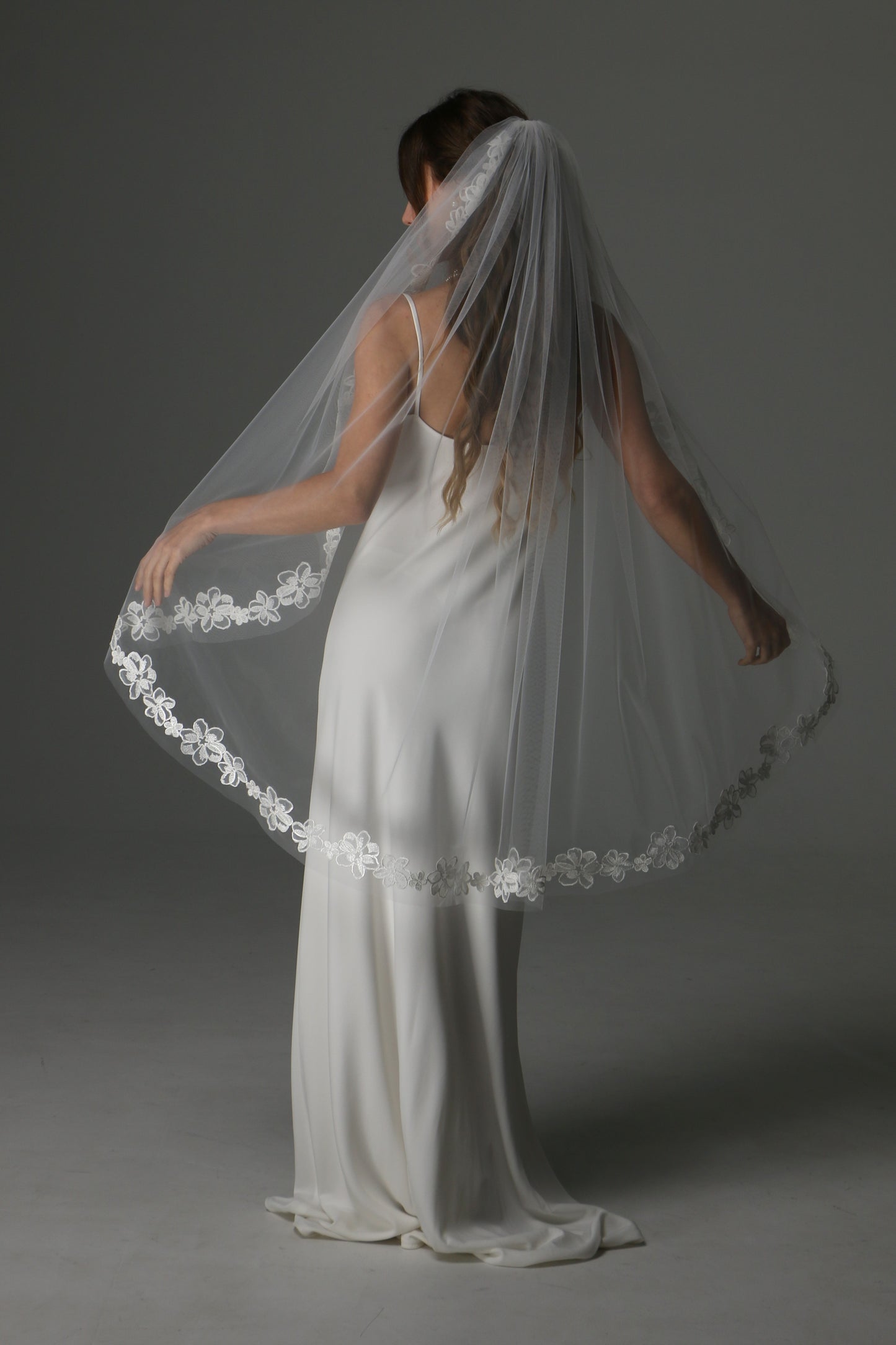 One Tier Cascade Bridal Veil with Lace Floral Appliqués | Romantic Wedding Veil - M1082
