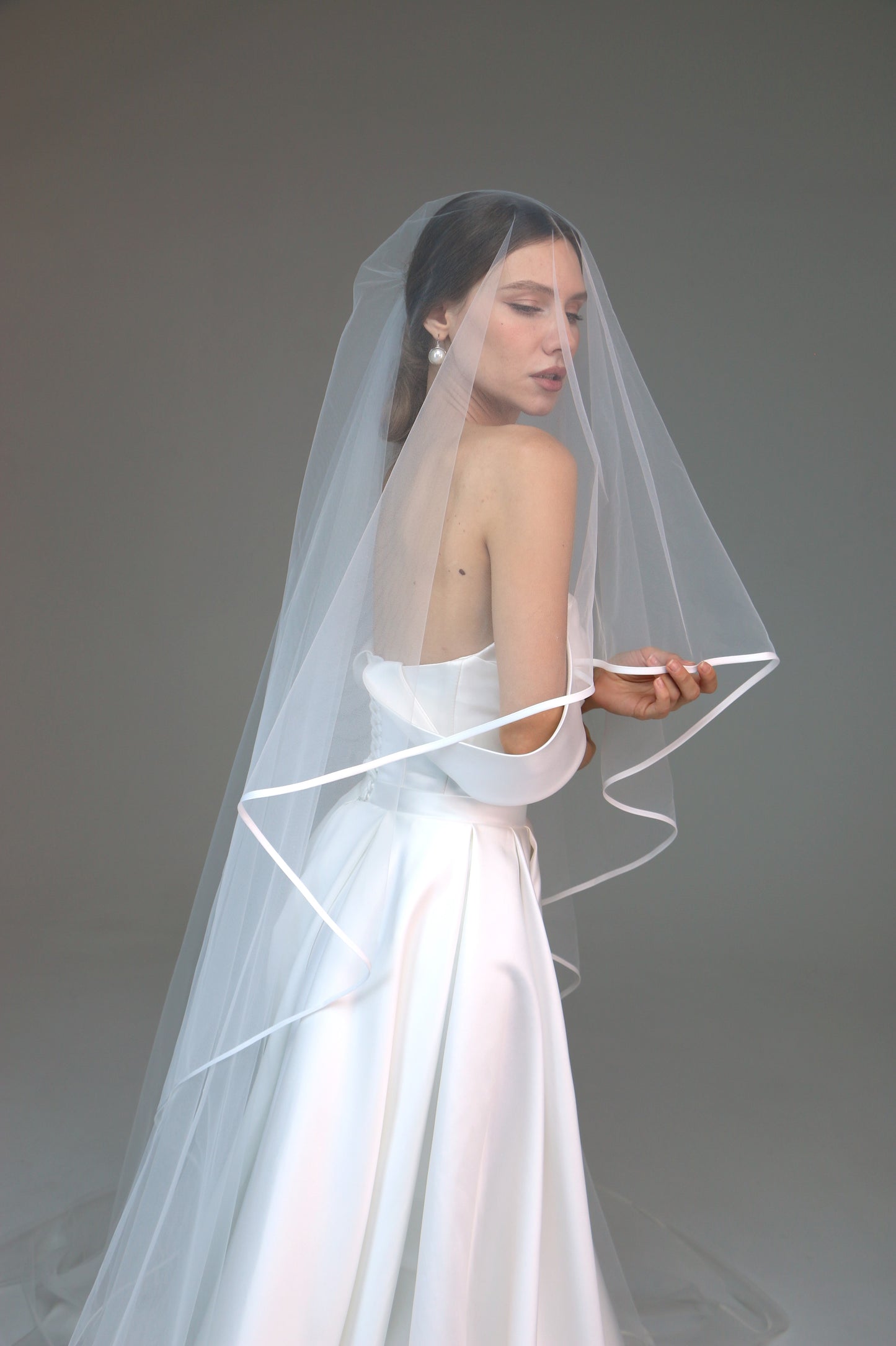 Two tier satin edge veil,Satin trim veil,Satin ribbon veil