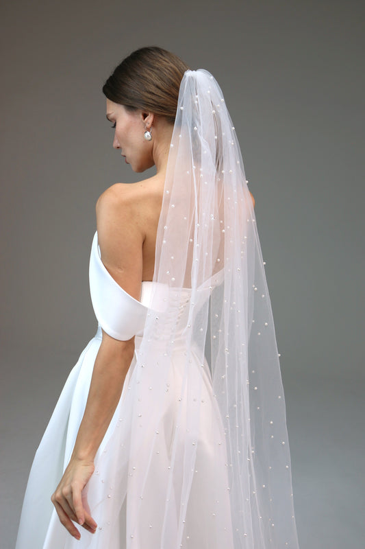 Cascading Pearl Wedding Veil wedding veil Cathedral Scattered Pearl veil Cascade pearls Fingertip Veil Ivory Wedding - M1021