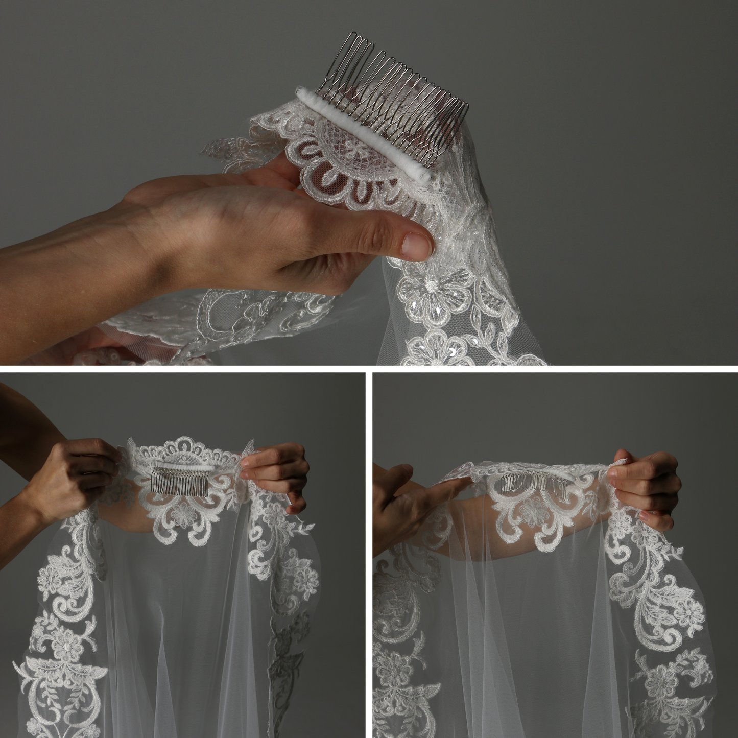 Modern Lace Appliqué Mantilla Veil – One Layer Boho Bridal Veil - M1083
