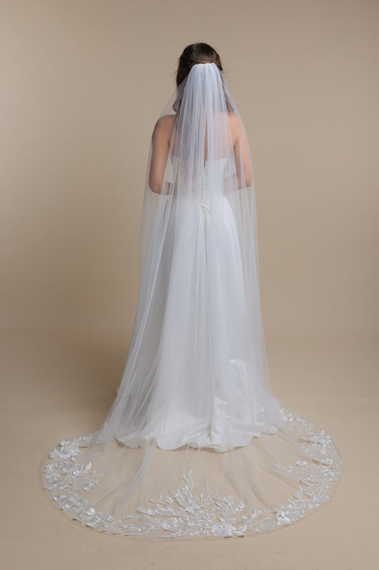 Ethereal Long Bridal Veil with Floral Lace Appliques — One Tier Cathedral Veil with Flower Train,M1091