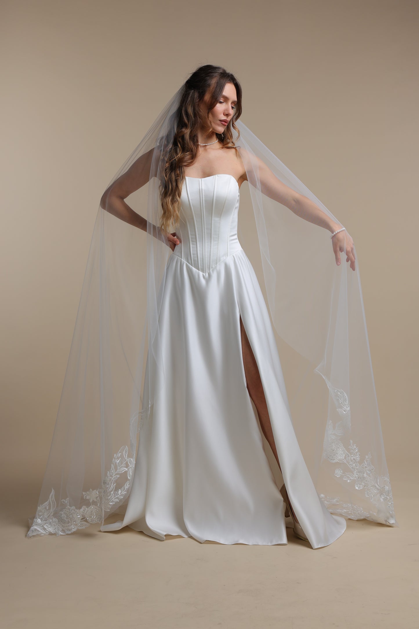 Ethereal Long Bridal Veil with Floral Lace Appliques — One Tier Cathedral Veil with Flower Train,M1091