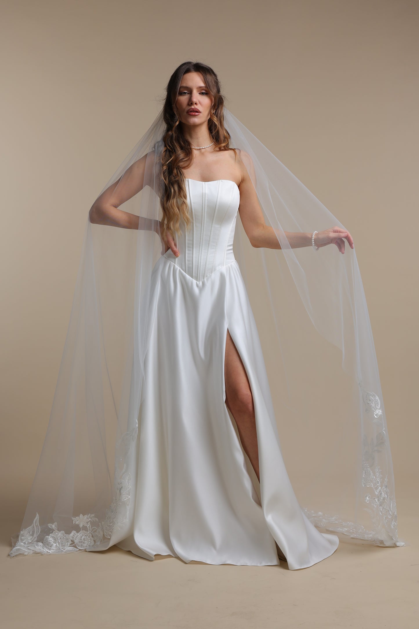 Ethereal Long Bridal Veil with Floral Lace Appliques — One Tier Cathedral Veil with Flower Train,M1091