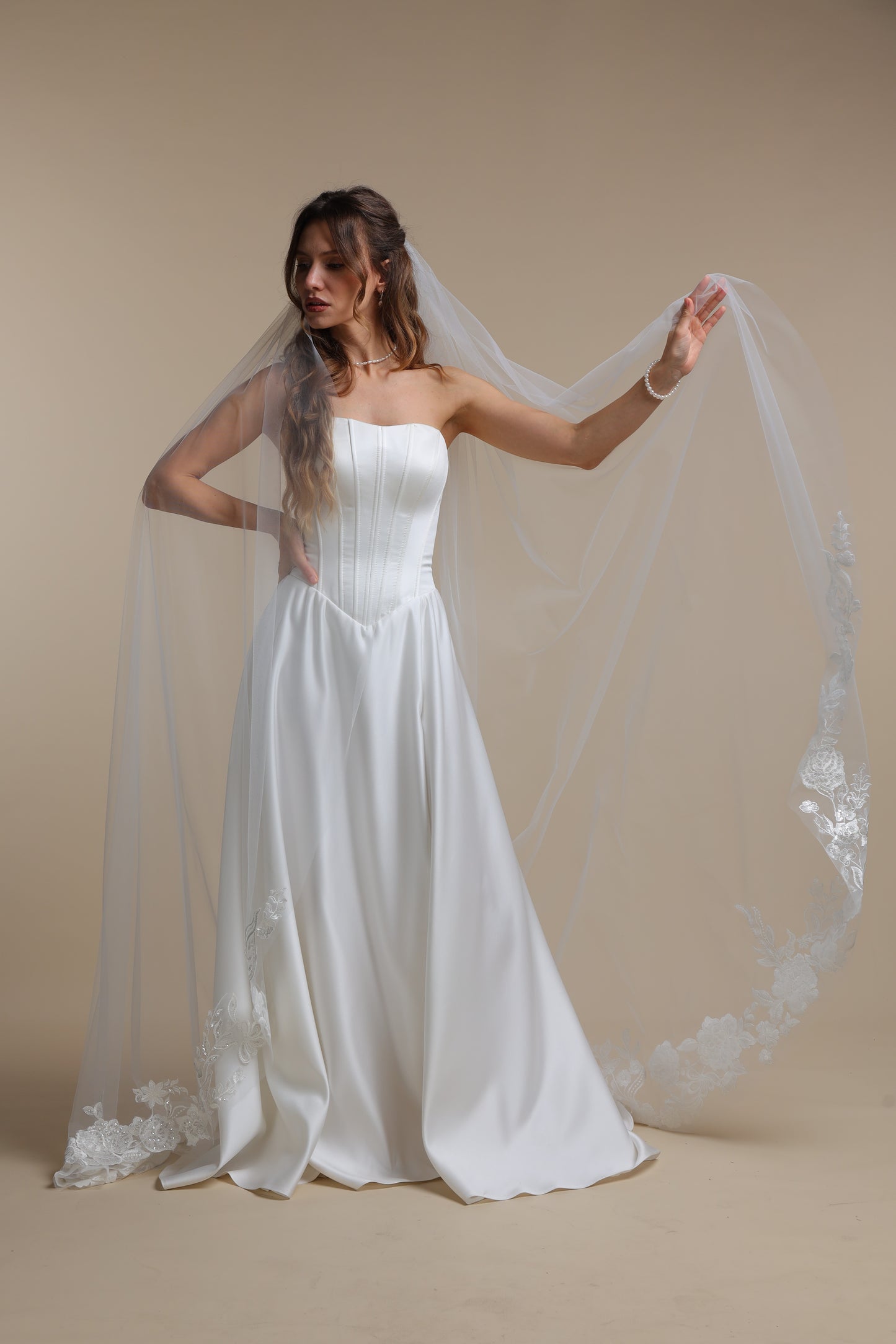 Ethereal Long Bridal Veil with Floral Lace Appliques — One Tier Cathedral Veil with Flower Train,M1091