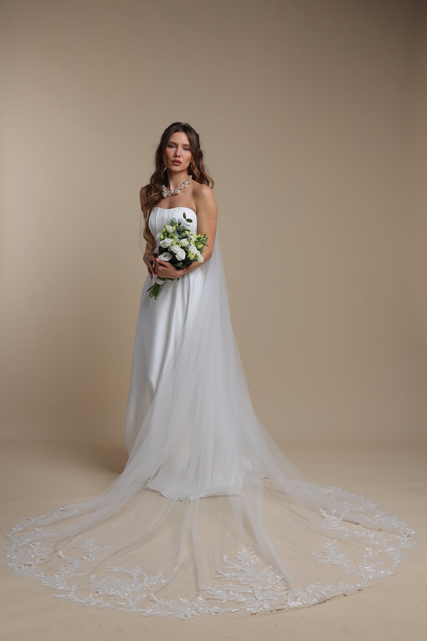 Floral Lace Long Veil — One Tier Cathedral Bridal Veil with Flower Appliques,M1092