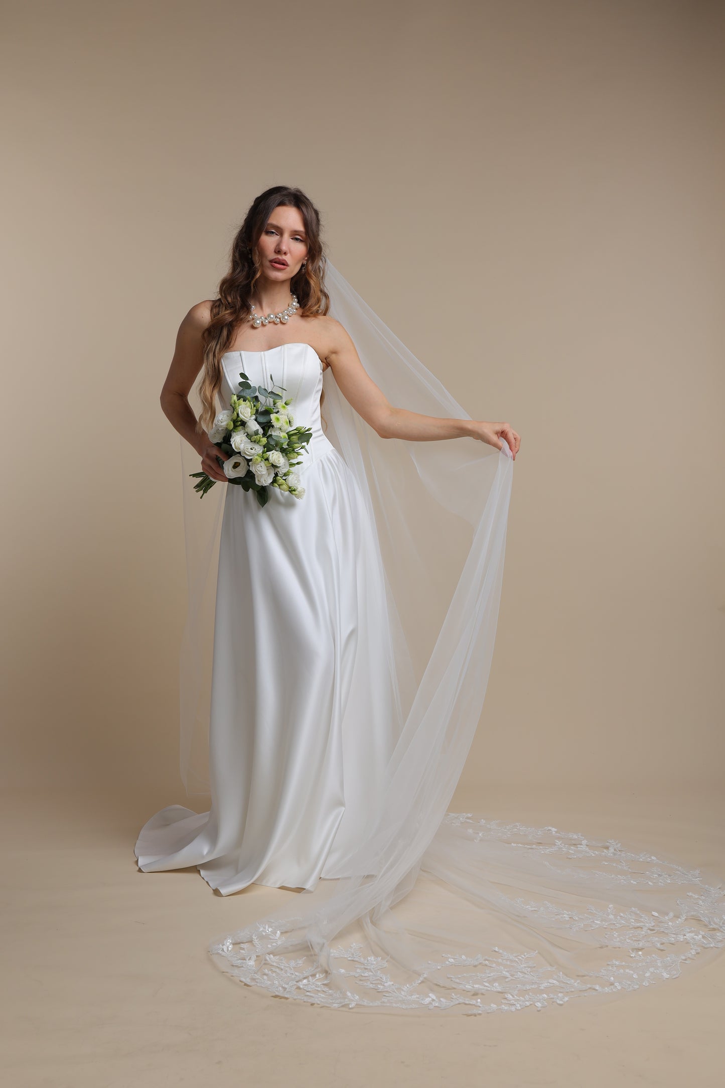 Floral Lace Long Veil — One Tier Cathedral Bridal Veil with Flower Appliques,M1092