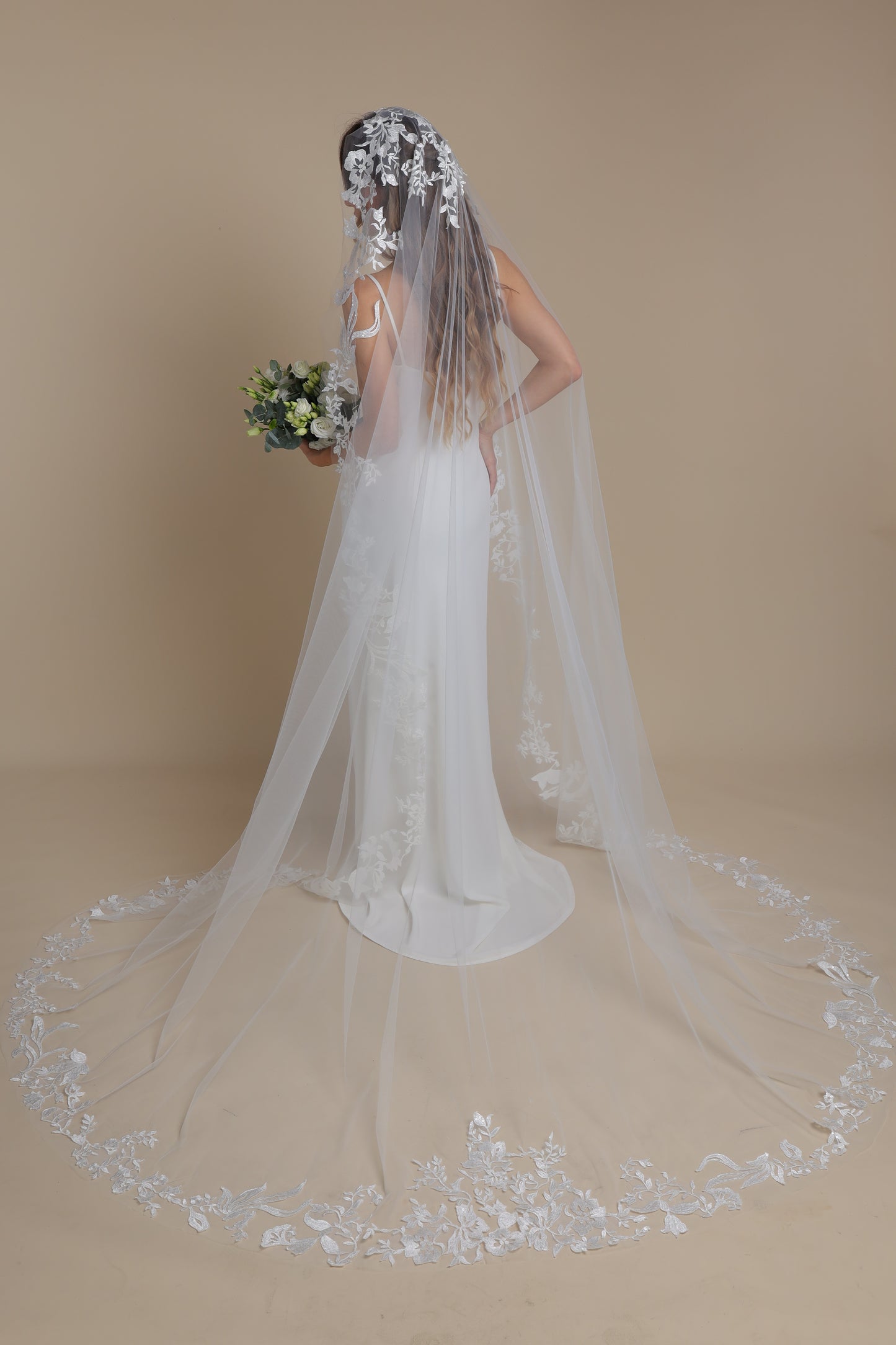 Ethereal Mantilla Wedding Veil with Lace Scalloped Edge — One Tier Long Bridal Veil, Cathedral Length,M1095