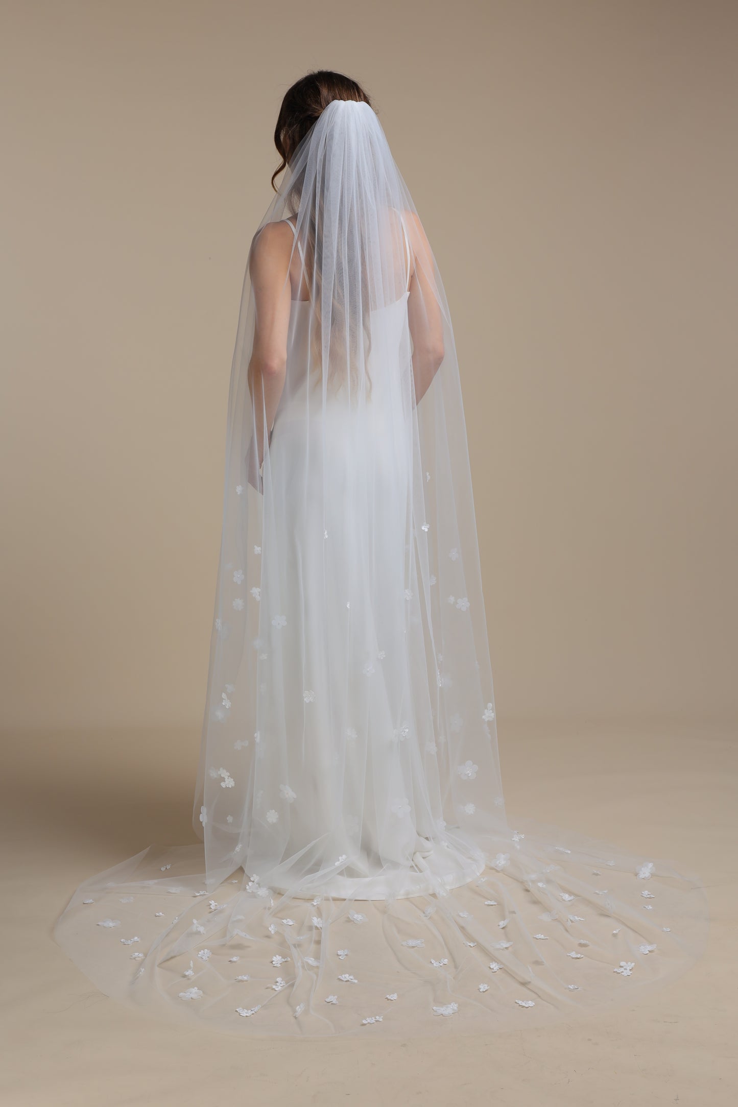 Long One Tier Bridal Veil with 3D Flowers on Train | Cathedral Veil with Floral Appliques | Romantic Wedding Veil,M1097