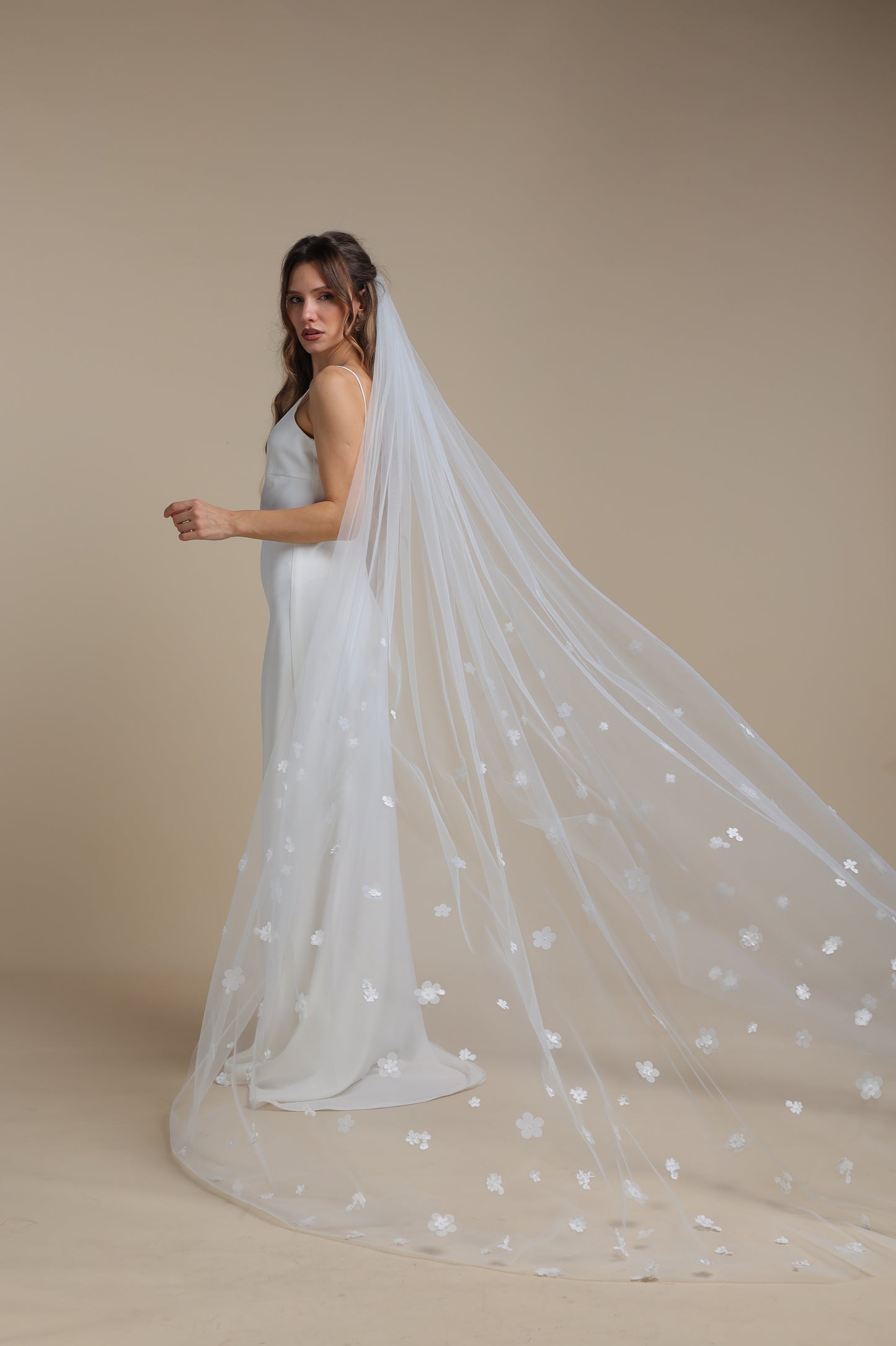 Long One Tier Bridal Veil with 3D Flowers on Train | Cathedral Veil with Floral Appliques | Romantic Wedding Veil,M1097