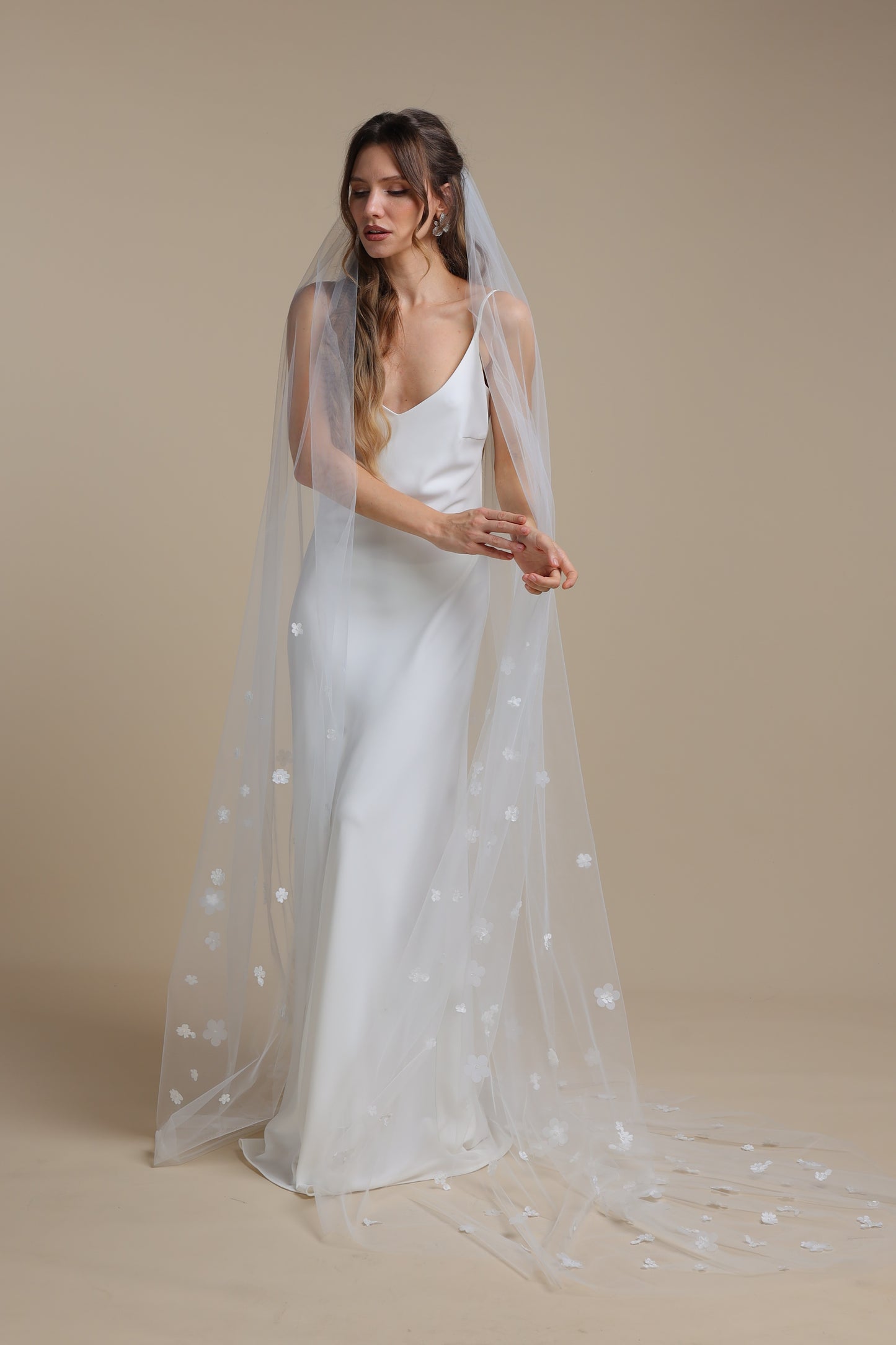 Long One Tier Bridal Veil with 3D Flowers on Train | Cathedral Veil with Floral Appliques | Romantic Wedding Veil,M1097