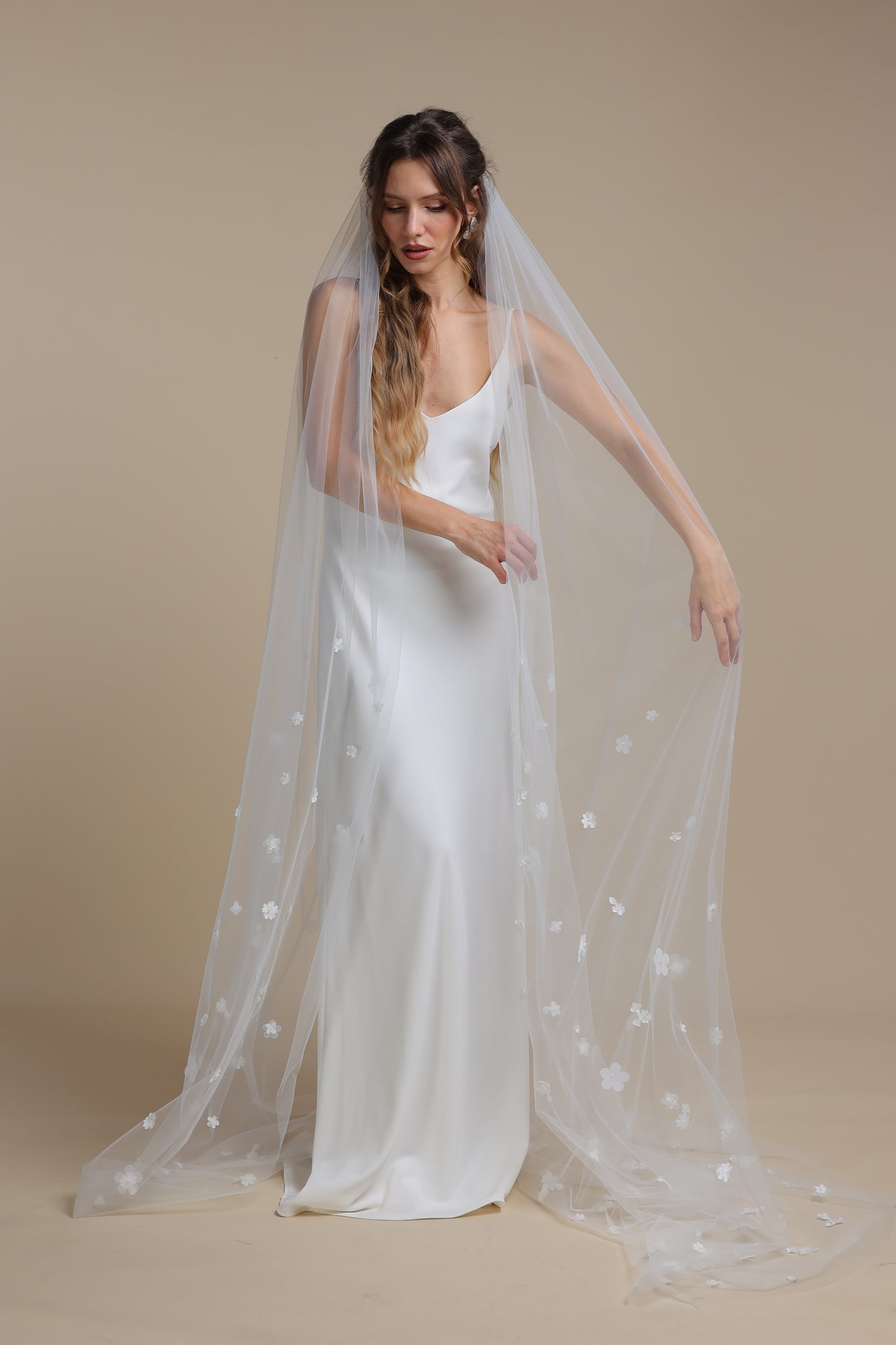 Long One Tier Bridal Veil with 3D Flowers on Train | Cathedral Veil with Floral Appliques | Romantic Wedding Veil,M1097