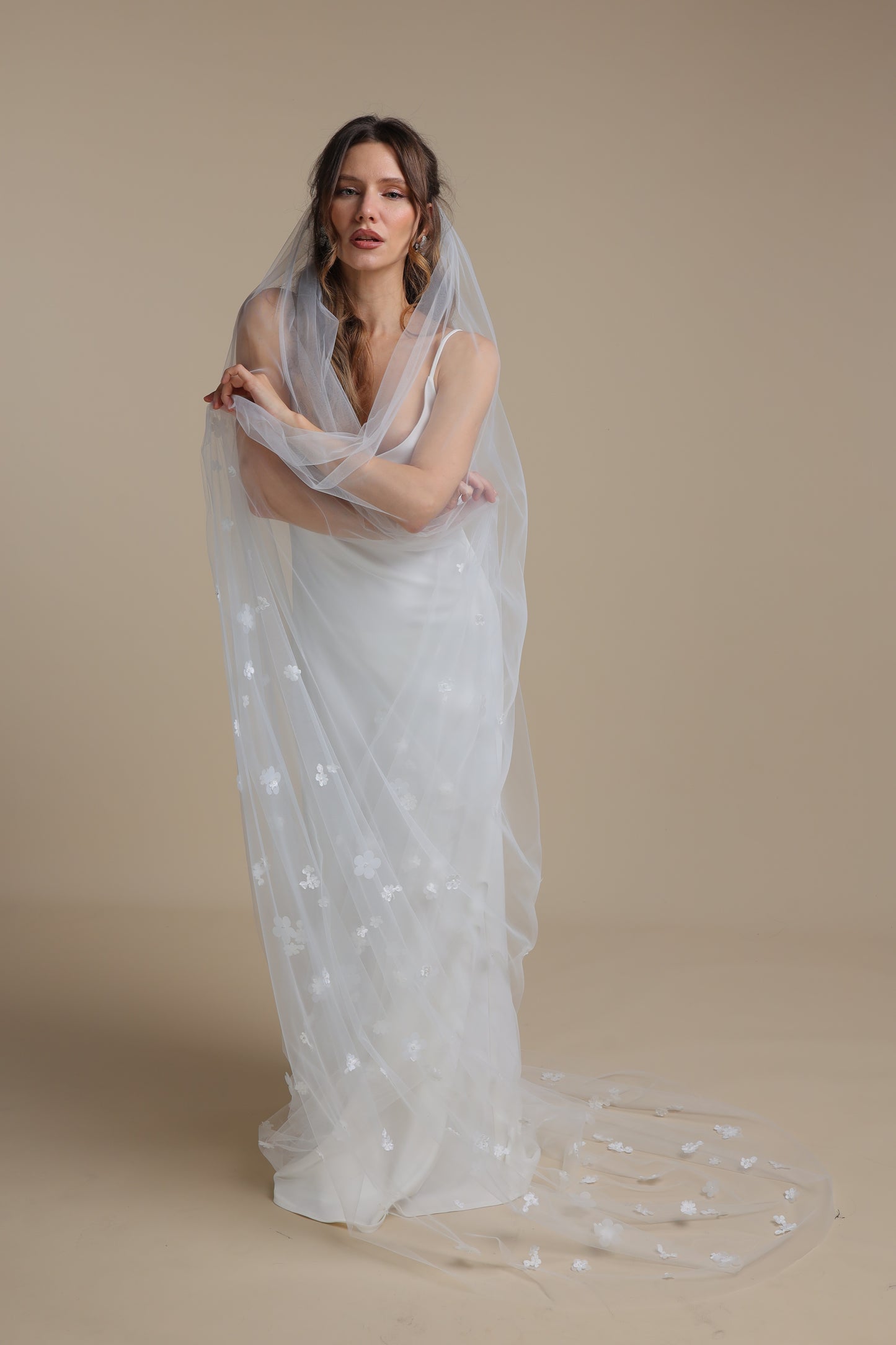 Long One Tier Bridal Veil with 3D Flowers on Train | Cathedral Veil with Floral Appliques | Romantic Wedding Veil,M1097