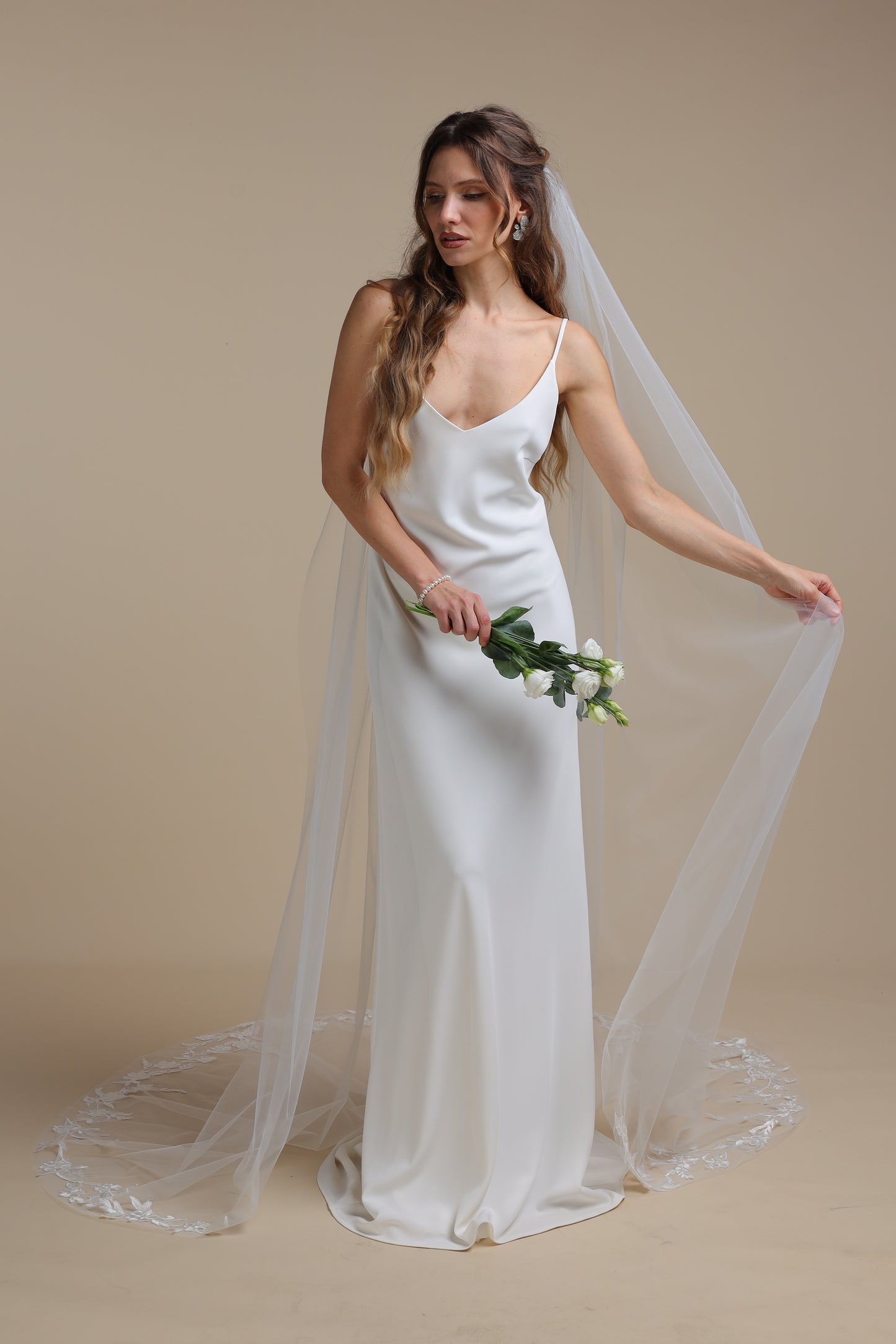 Long One Tier Bridal Veil with Floral Appliques on Train | Cathedral Length Wedding Veil | Elegant Lace Veil,M1099