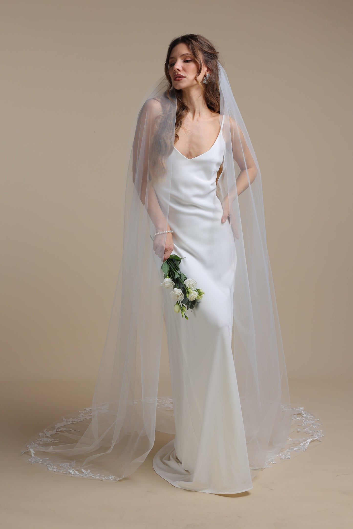 Long One Tier Bridal Veil with Floral Appliques on Train | Cathedral Length Wedding Veil | Elegant Lace Veil,M1099