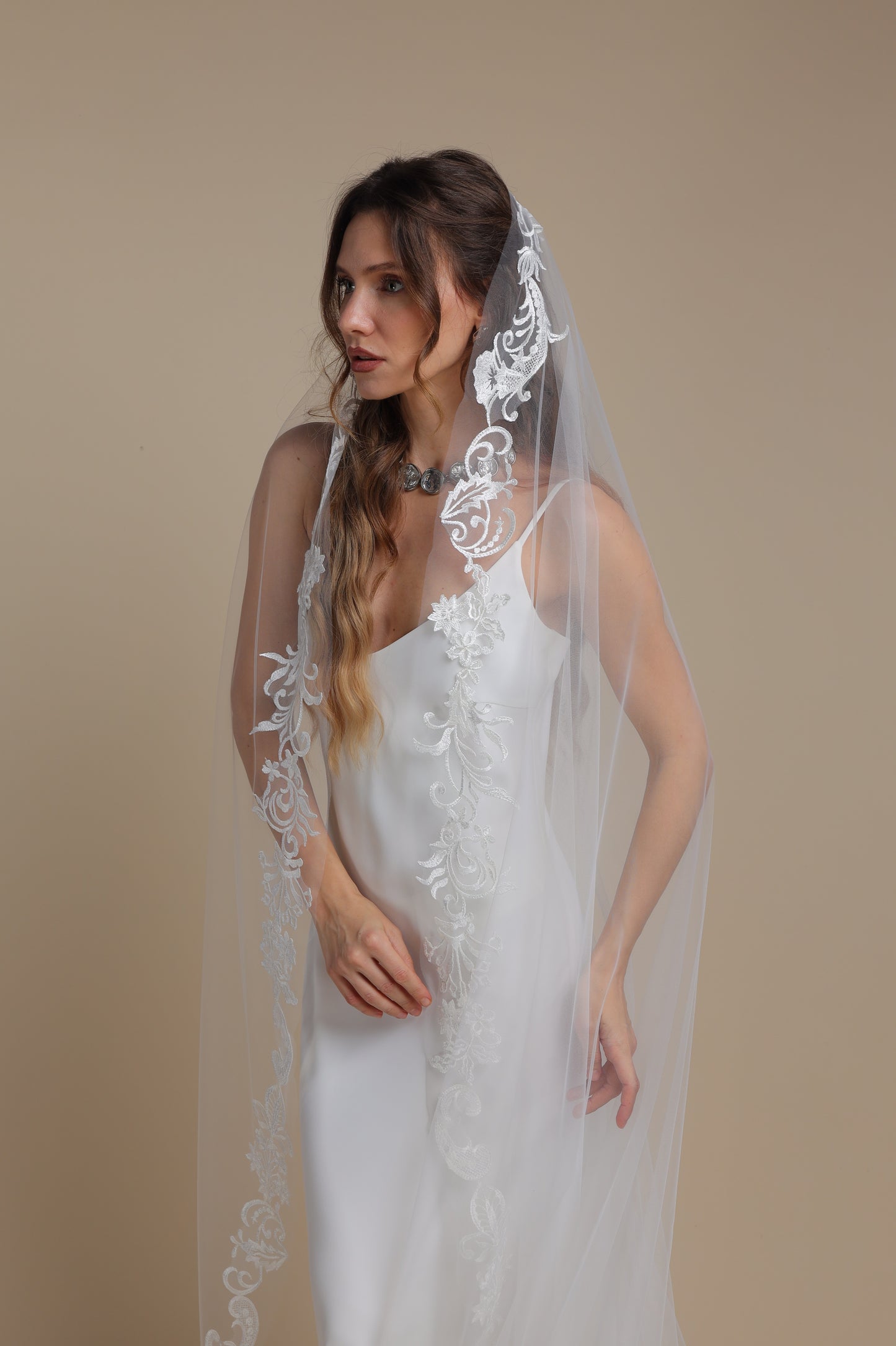 Long Lace Mantilla Veil — One Tier Cathedral Veil with Scalloped Lace Edge,M1099