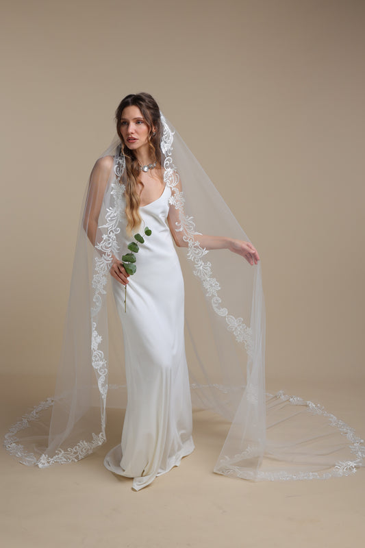 Long Lace Mantilla Veil — One Tier Cathedral Veil with Scalloped Lace Edge,M1099