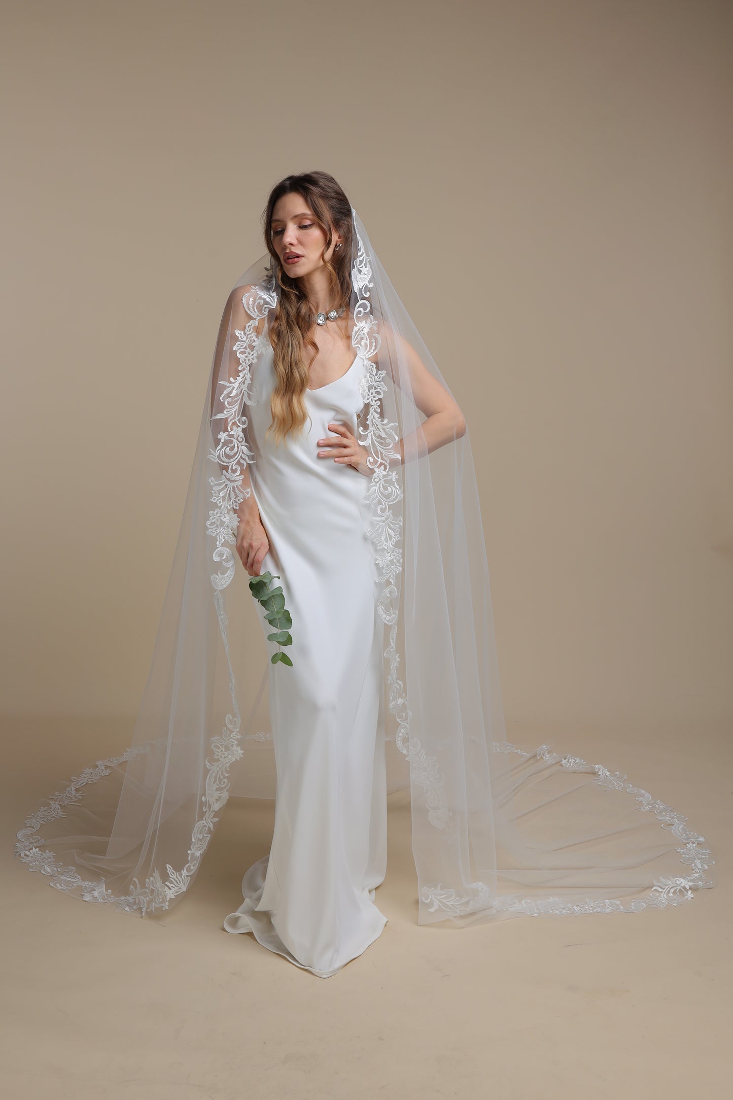 Long Lace Mantilla Veil — One Tier Cathedral Veil with Scalloped Lace Edge,M1099