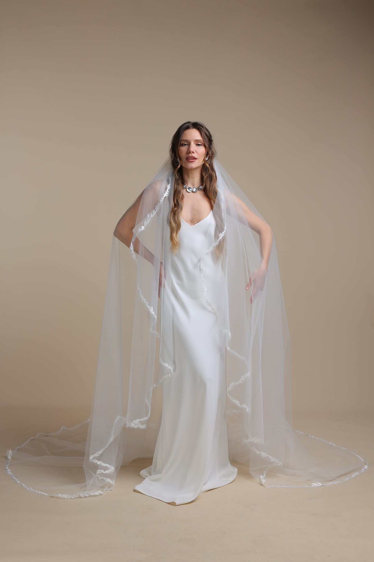 Long One Tier Cascade Bridal Veil with Lace Vine Appliques | Cathedral Wedding Veil with Lace Edge,M1100