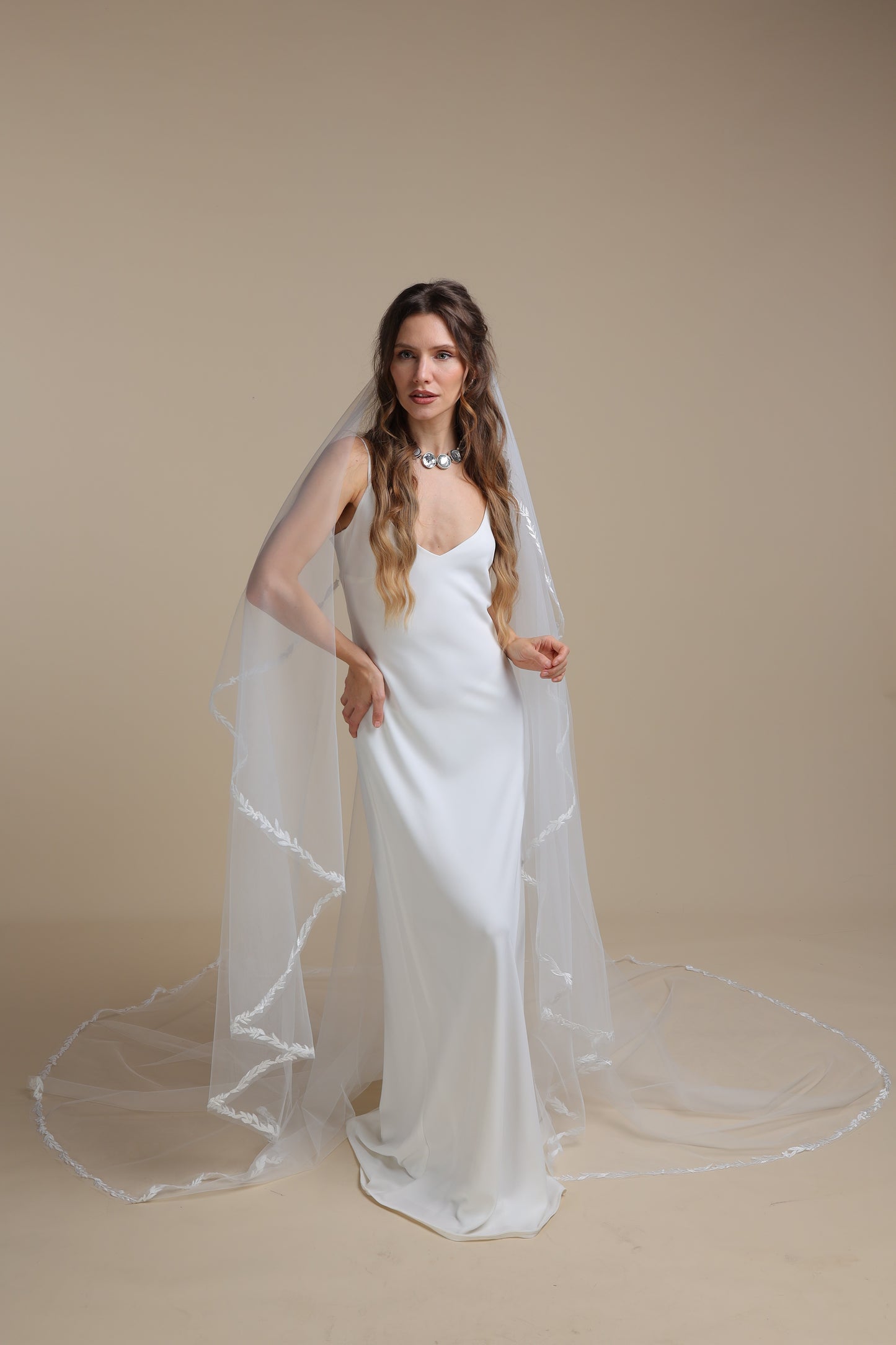 Long One Tier Cascade Bridal Veil with Lace Vine Appliques | Cathedral Wedding Veil with Lace Edge,M1100