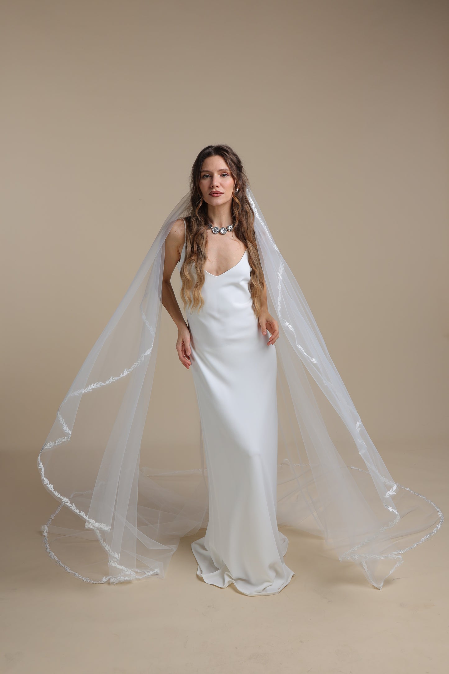 Long One Tier Cascade Bridal Veil with Lace Vine Appliques | Cathedral Wedding Veil with Lace Edge,M1100