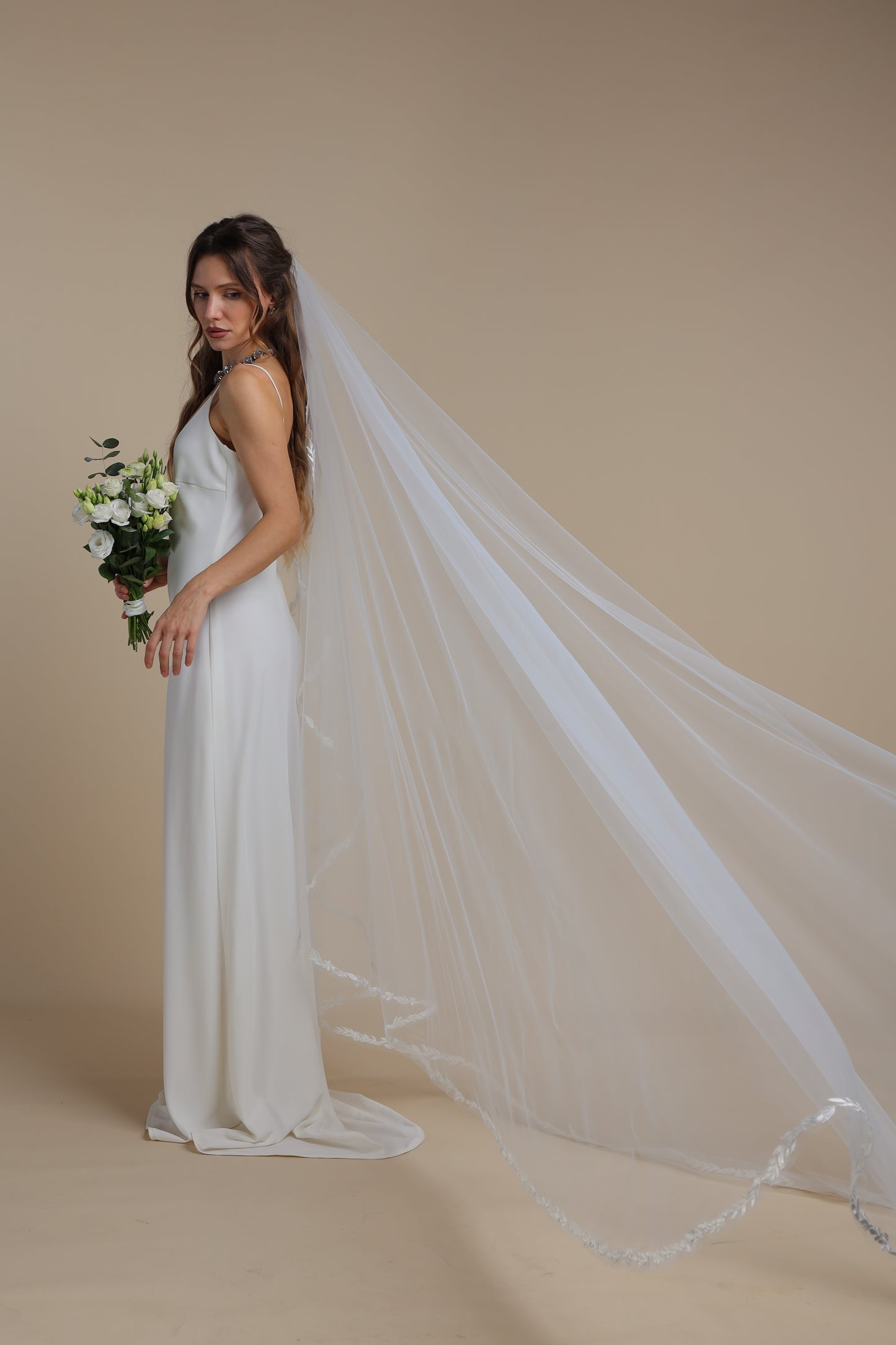Long One Tier Cascade Bridal Veil with Lace Vine Appliques | Cathedral Wedding Veil with Lace Edge,M1100