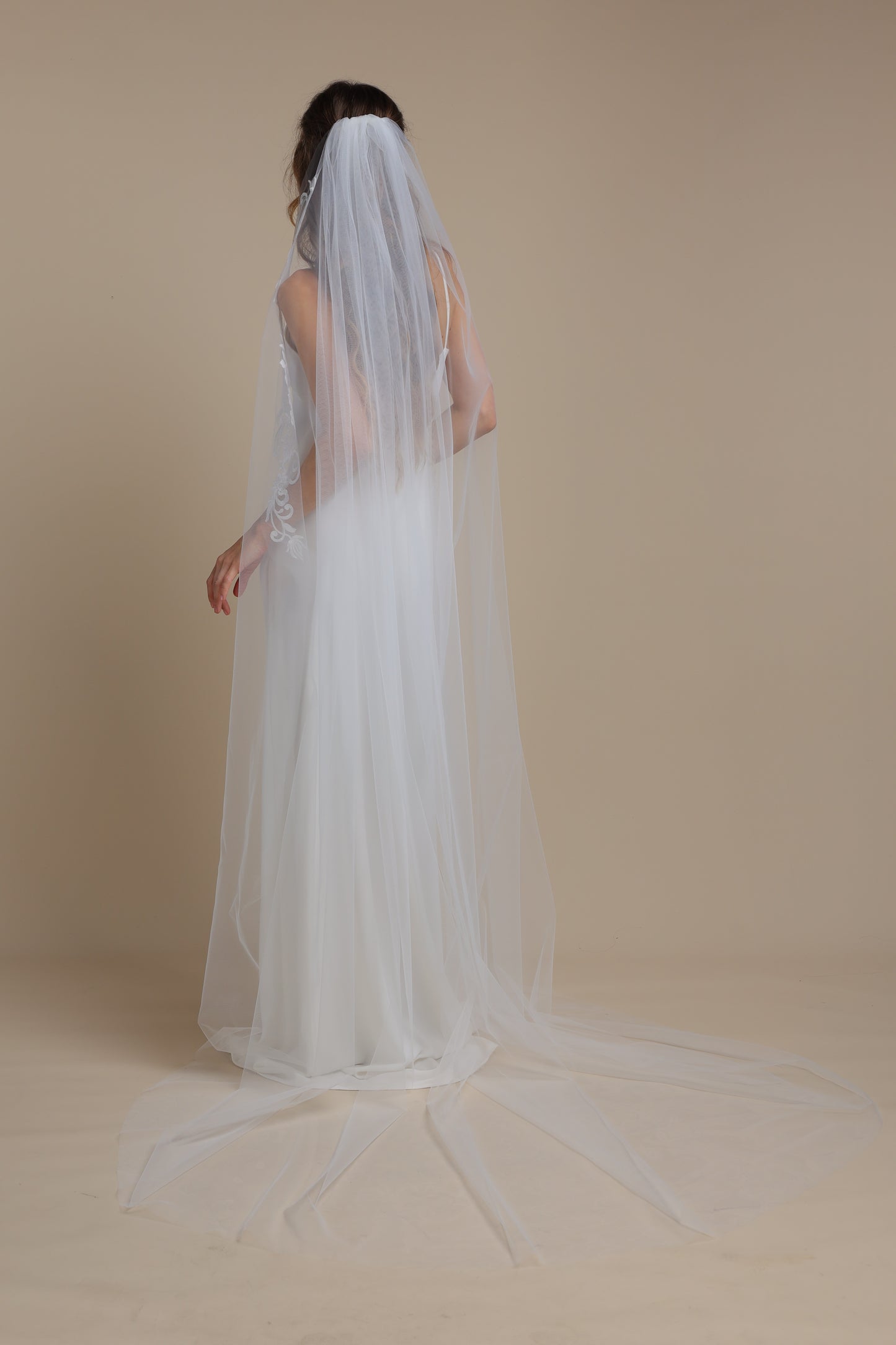 Handmade Long  Veil with Lace Vine Edge — One Tier Bridal Veil with Floral Appliques,M1101