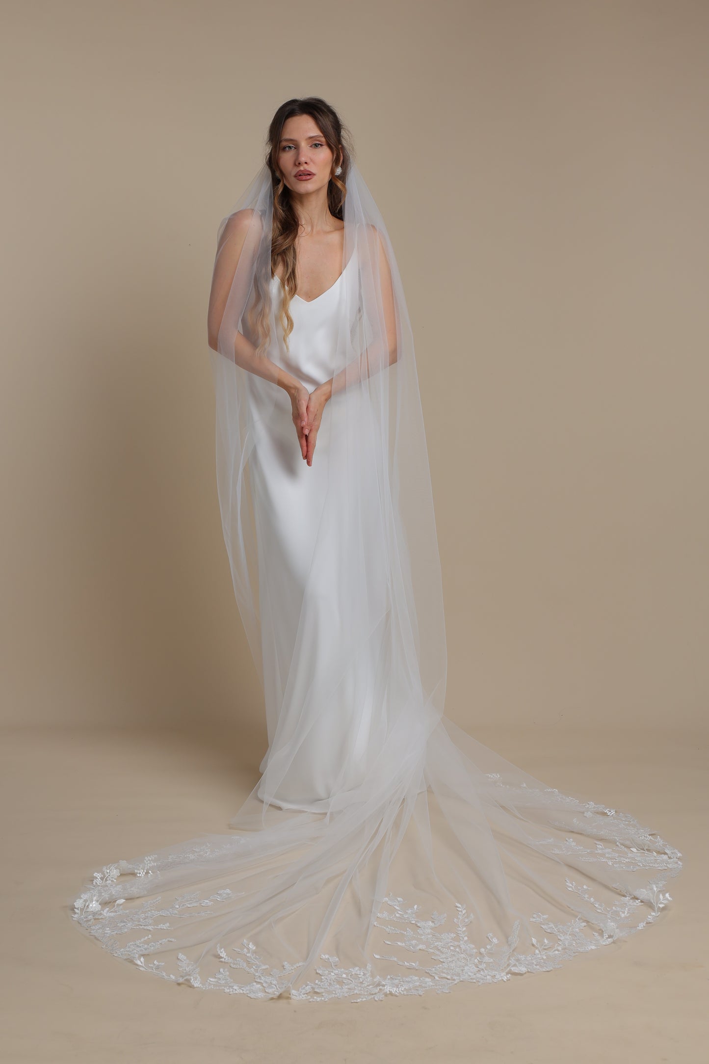 Long One Tier Bridal Veil with Floral Appliques on Train | Cathedral Wedding Veil | Elegant Lace Veil,M1102