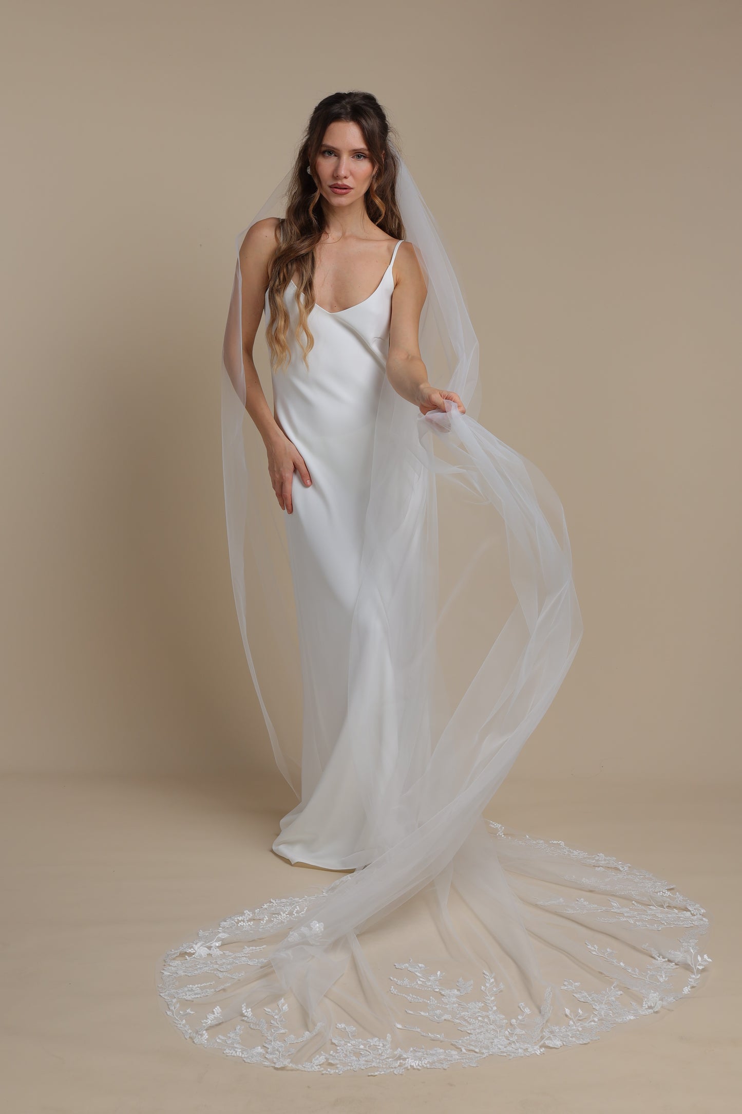 Long One Tier Bridal Veil with Floral Appliques on Train | Cathedral Wedding Veil | Elegant Lace Veil,M1102