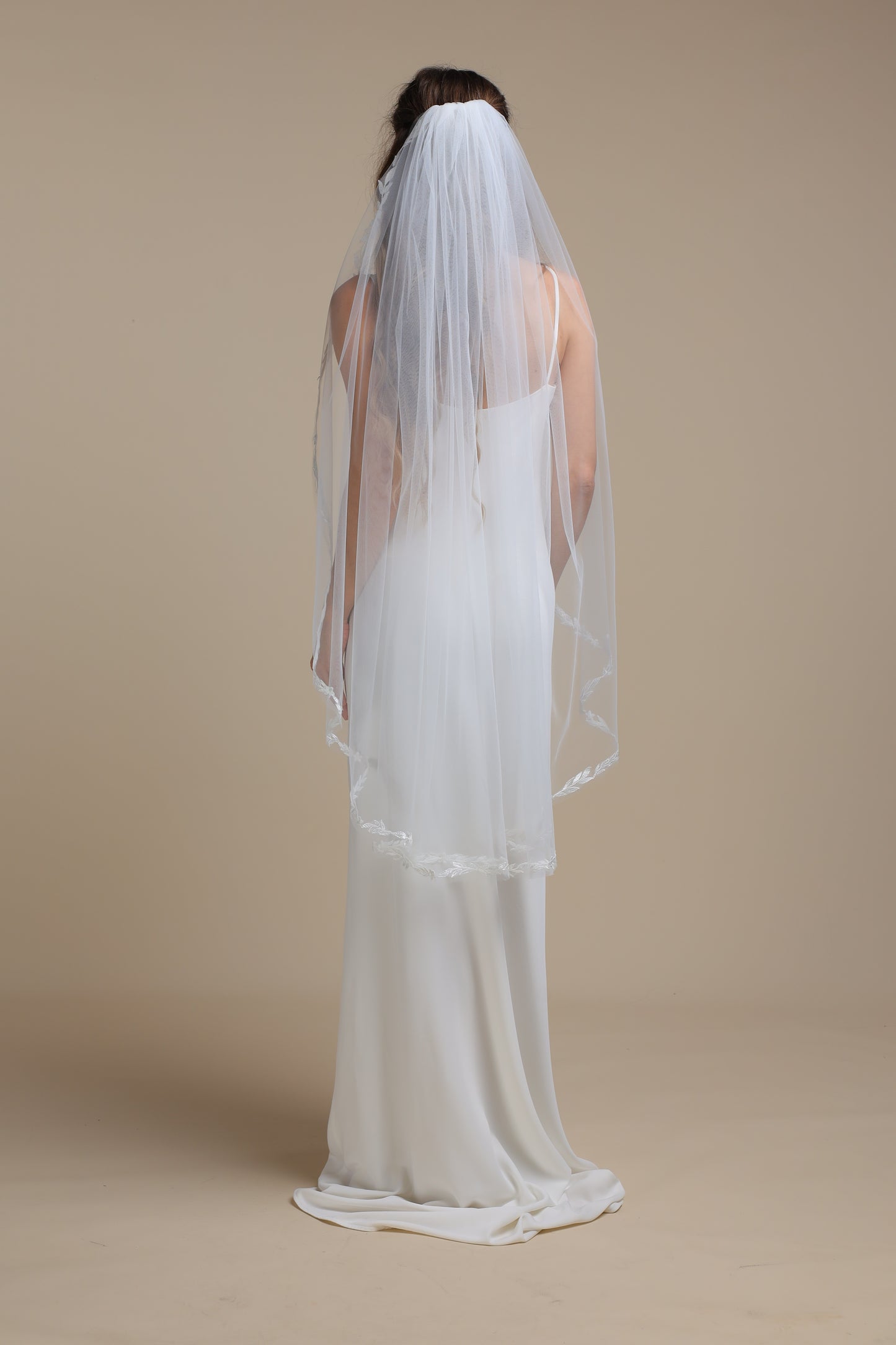 Handmade Long Cascade Veil with Lace Vine Edge — One Tier Bridal Veil with Floral Appliques,M1103