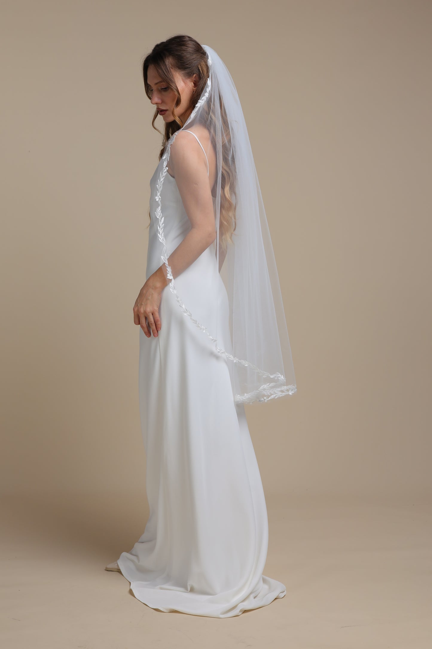 Handmade Long Cascade Veil with Lace Vine Edge — One Tier Bridal Veil with Floral Appliques,M1103
