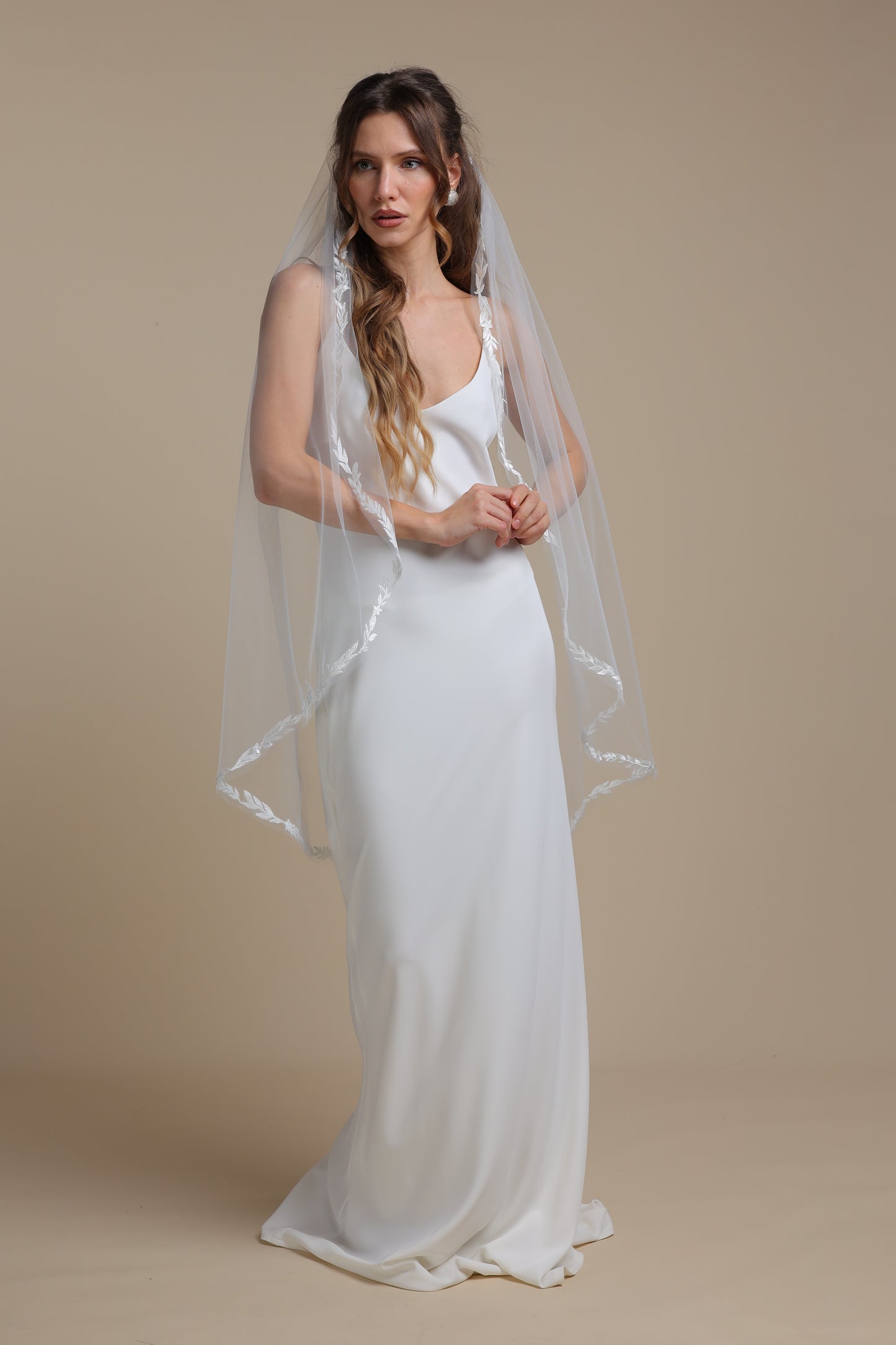 Handmade Long Cascade Veil with Lace Vine Edge — One Tier Bridal Veil with Floral Appliques,M1103