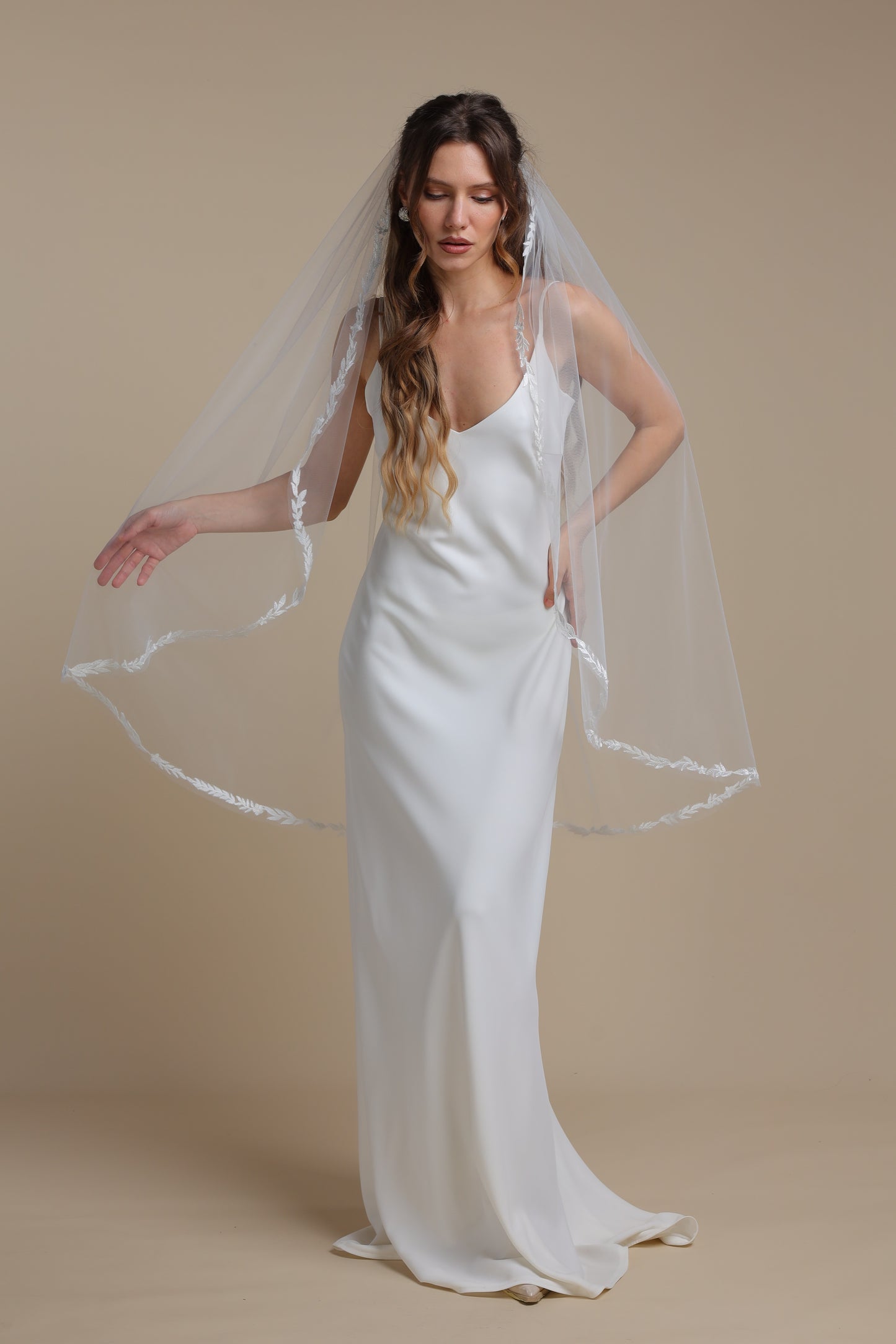 Handmade Long Cascade Veil with Lace Vine Edge — One Tier Bridal Veil with Floral Appliques,M1103