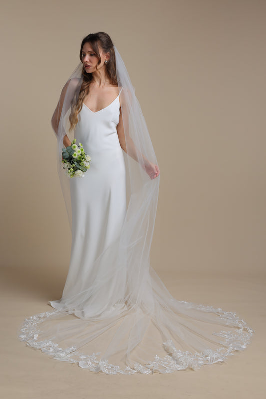 Ethereal One Tier Cathedral Veil with Floral Appliques on Train | Long Romantic Bridal Veil,M1104